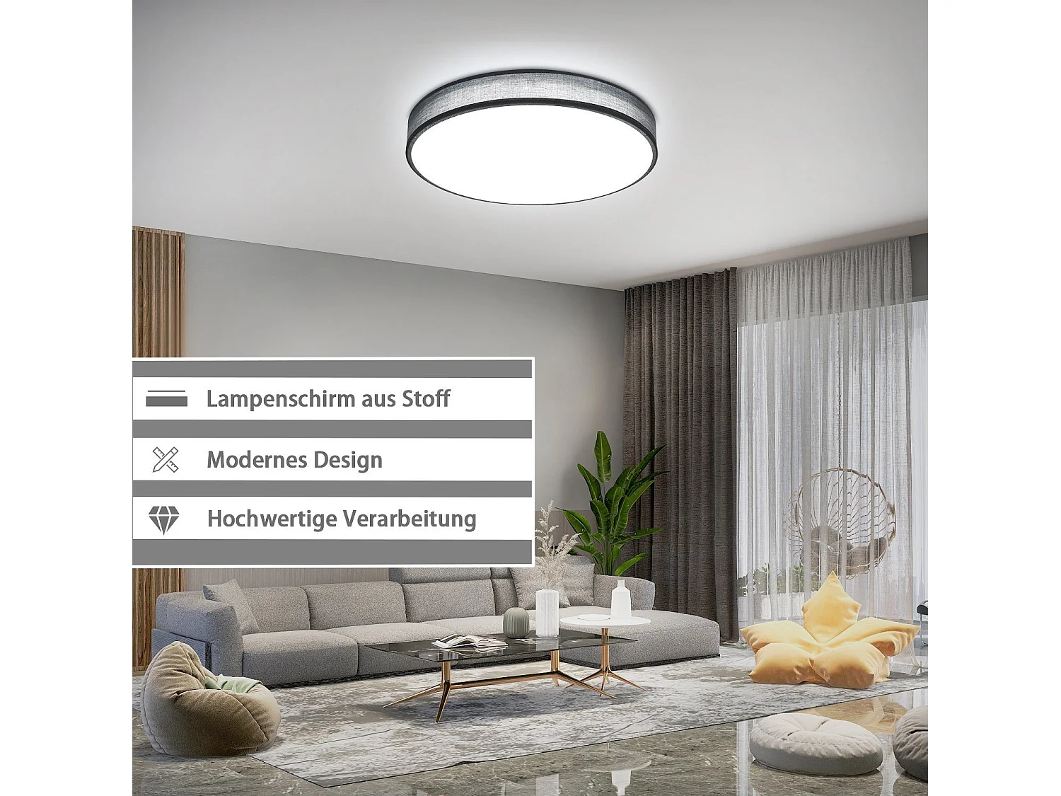 NETTLIFE Szara lampa sufitowa LED 38W okrągła, nowoczesna, ściemnialna za pomocą pilota Lampa do sypialni z abażurem z tkaniny Lampa do przedpokoju do salonu