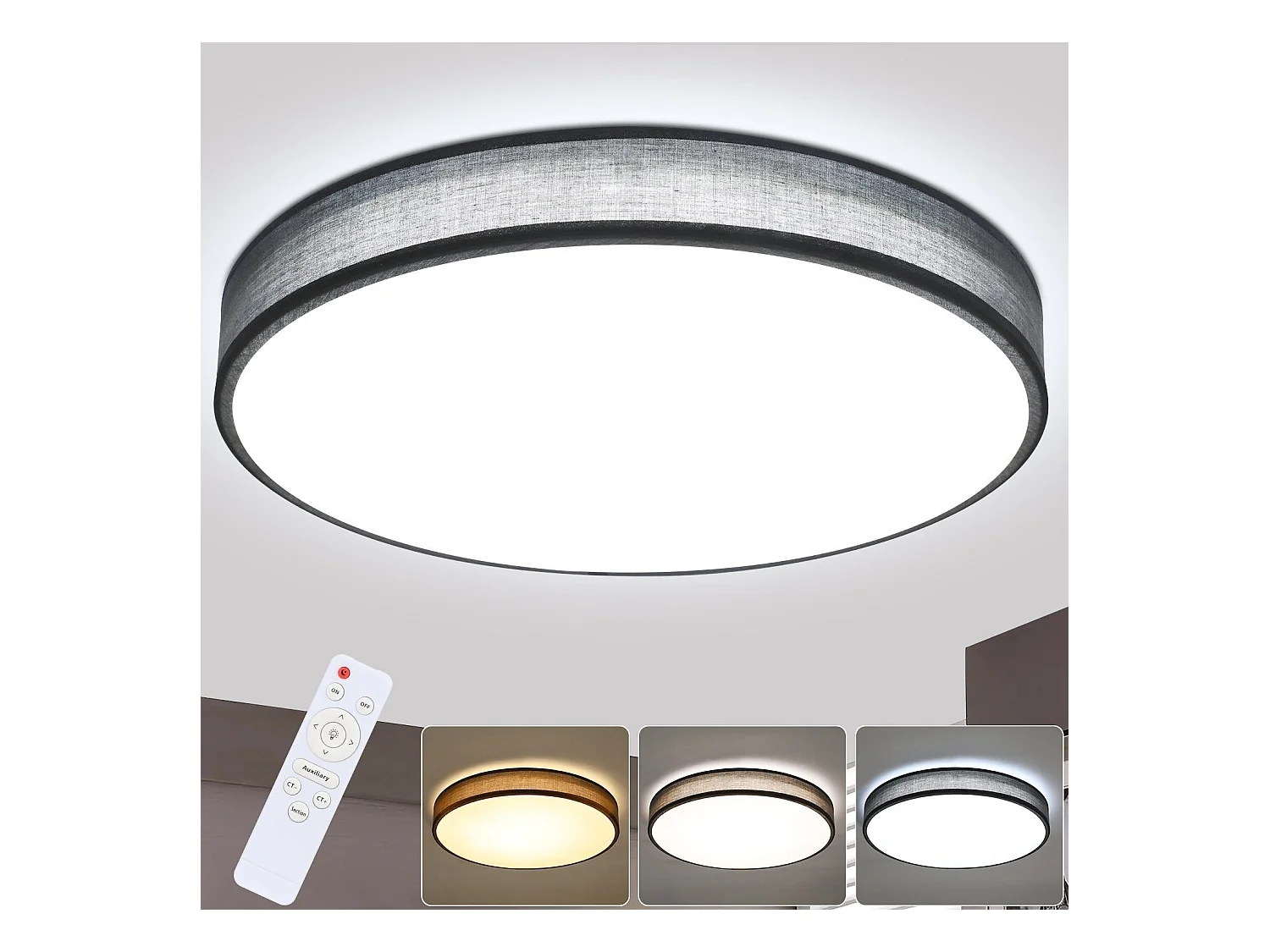 NETTLIFE Plafonnier LED Gris 38W Rond Moderne Dimmable avec Télécommande Lampe de Chambre avec Abat-Jour en Tissu Lampe de Couloir pour Salon