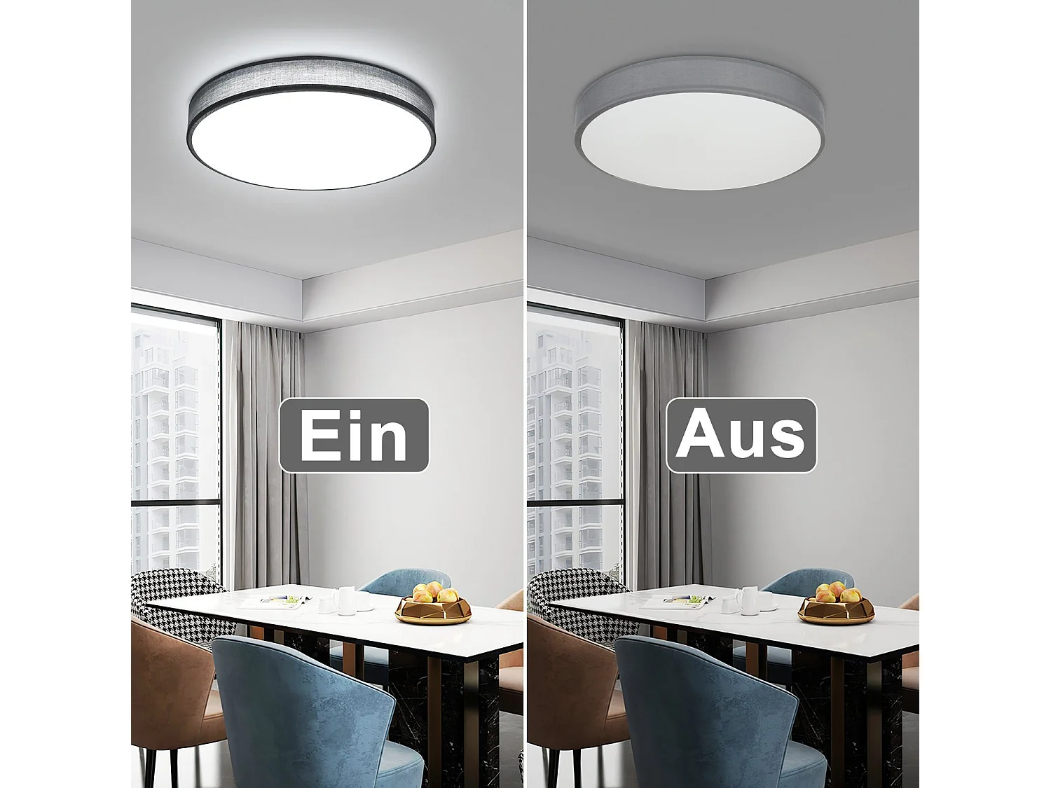 NETTLIFE Plafondlamp LED 38 cm Dimbaar 3000-6500K grijs met Stoffen Lampenkap Modern met Afstandsbediening rond voor Woonkamer | Slaapkamer | Keuken | Gang 38W