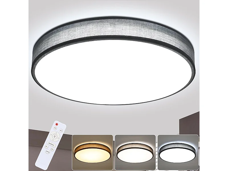 NETTLIFE LED Deckenleuchte Grau 38W Rund Modern Dimmbar mit Fernbedienung Schlafzimmerlampe mit Stoffschirm Flurlampe für Wohnzimmer