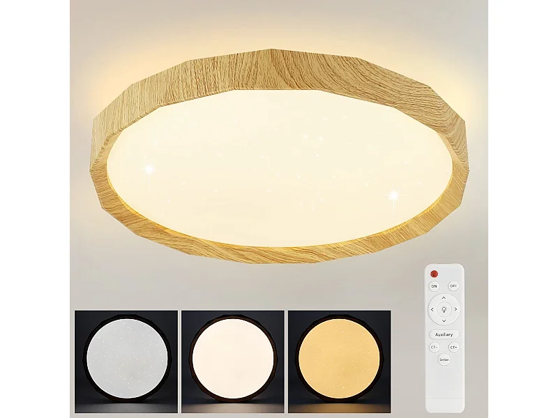 NETTLIFE Plafondlamp LED Hout rond 3000-6000K Dimbaar Metaal 43W Moderne Keukenverlichting met Afstandsbediening voor Woonkamer | Slaapkamer | Eetkamer 40cm