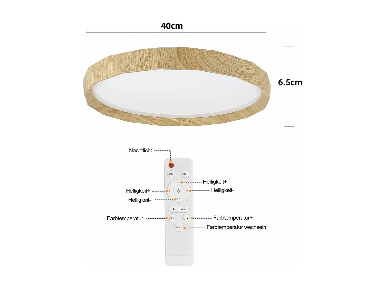 NETTLIFE LED Deckenleuchte Wohnzimmer – Holzoptik Wohnzimmerlampe Ø40cm Schlafzimmer Deckenleuchte 43W Dimmbare Schlafzimmerlampe mit Fernbedienung