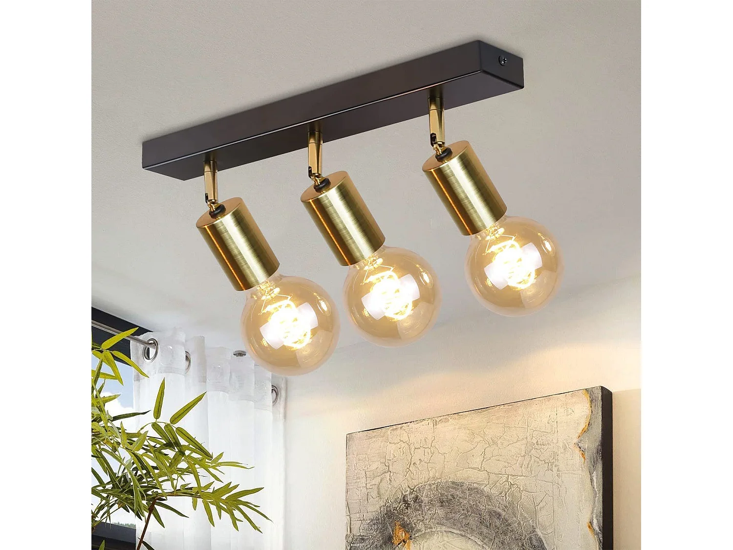 NETTLIFE Plafonnier 3 Spots Pivotant en Métal Barres de Max.25w E27 Lampe de Cuisine Industrielle Vintage Noir Or Rétro Moderne pour Cuisine Couloir