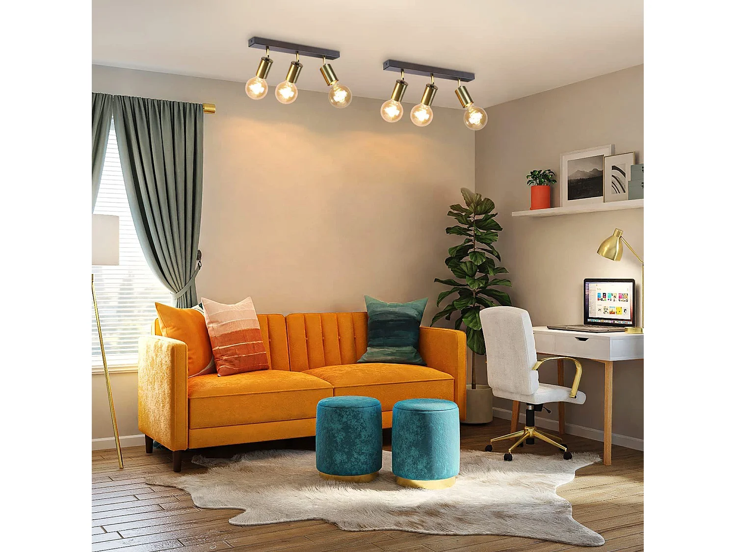 NETTLIFE Plafonnier 3 Spots Pivotant en Métal Barres de Max.25w E27 Lampe de Cuisine Industrielle Vintage Noir Or Rétro Moderne pour Cuisine Couloir