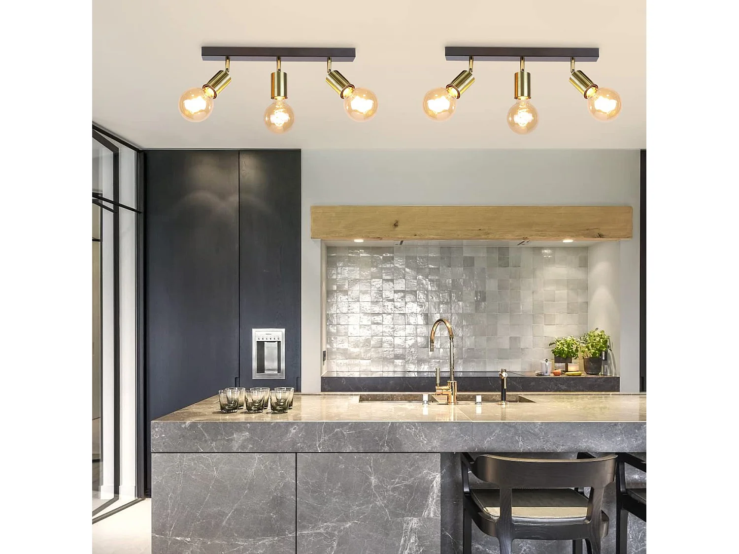 NETTLIFE Plafonnier 3 Spots Pivotant en Métal Barres de Max.25w E27 Lampe de Cuisine Industrielle Vintage Noir Or Rétro Moderne pour Cuisine Couloir