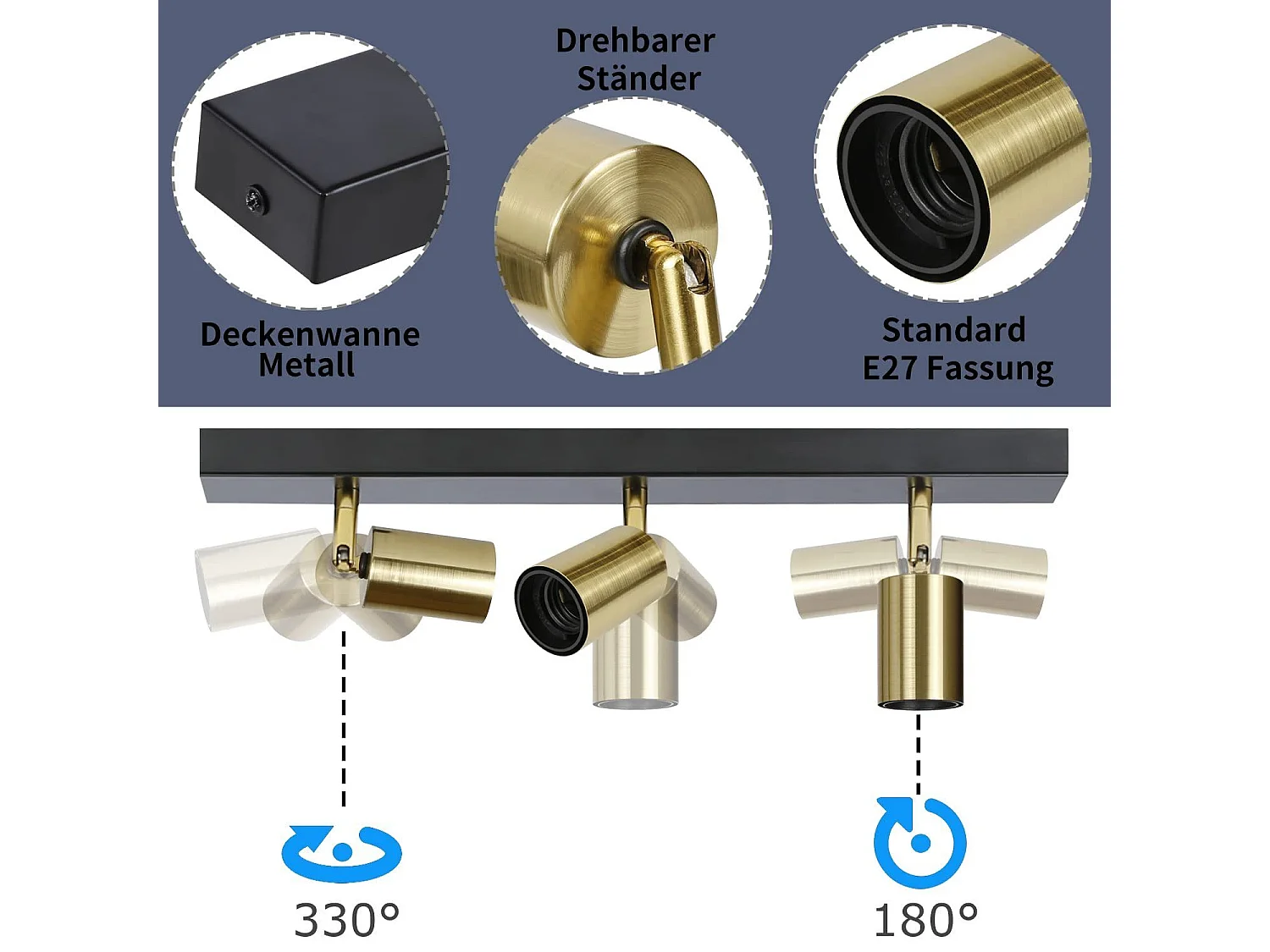 NETTLIFE Plafonnier 3 Spots Pivotant en Métal Barres de Max.25w E27 Lampe de Cuisine Industrielle Vintage Noir Or Rétro Moderne pour Cuisine Couloir