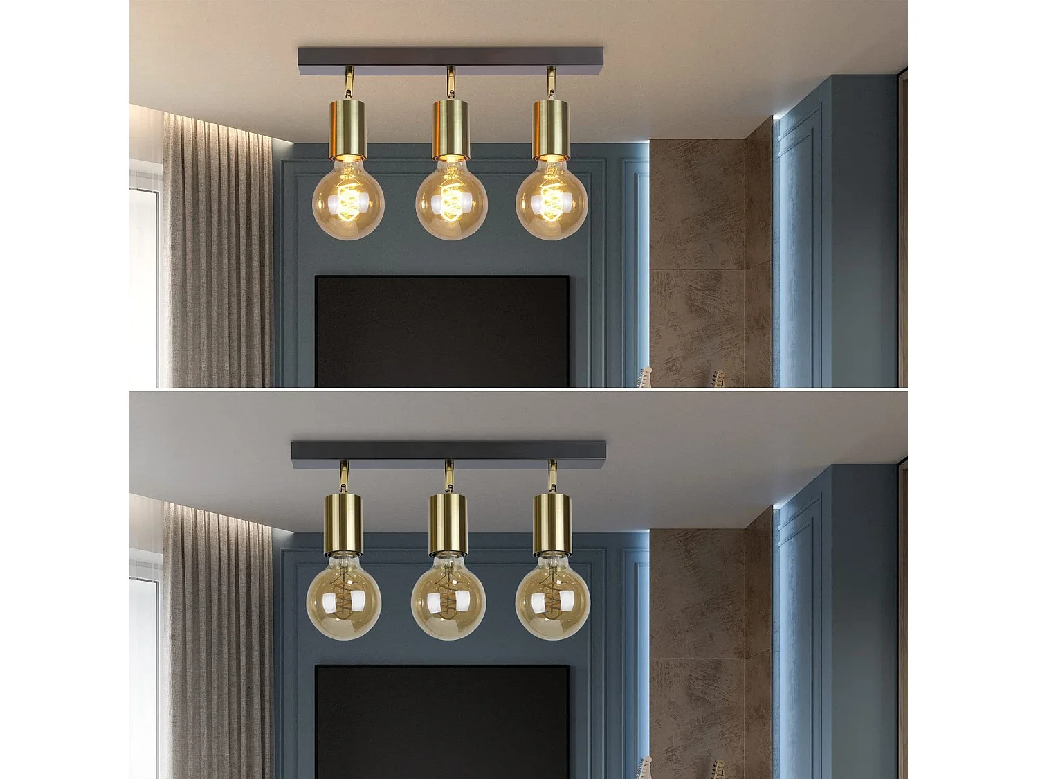 NETTLIFE Plafonnier 3 Spots Pivotant en Métal Barres de Max.25w E27 Lampe de Cuisine Industrielle Vintage Noir Or Rétro Moderne pour Cuisine Couloir