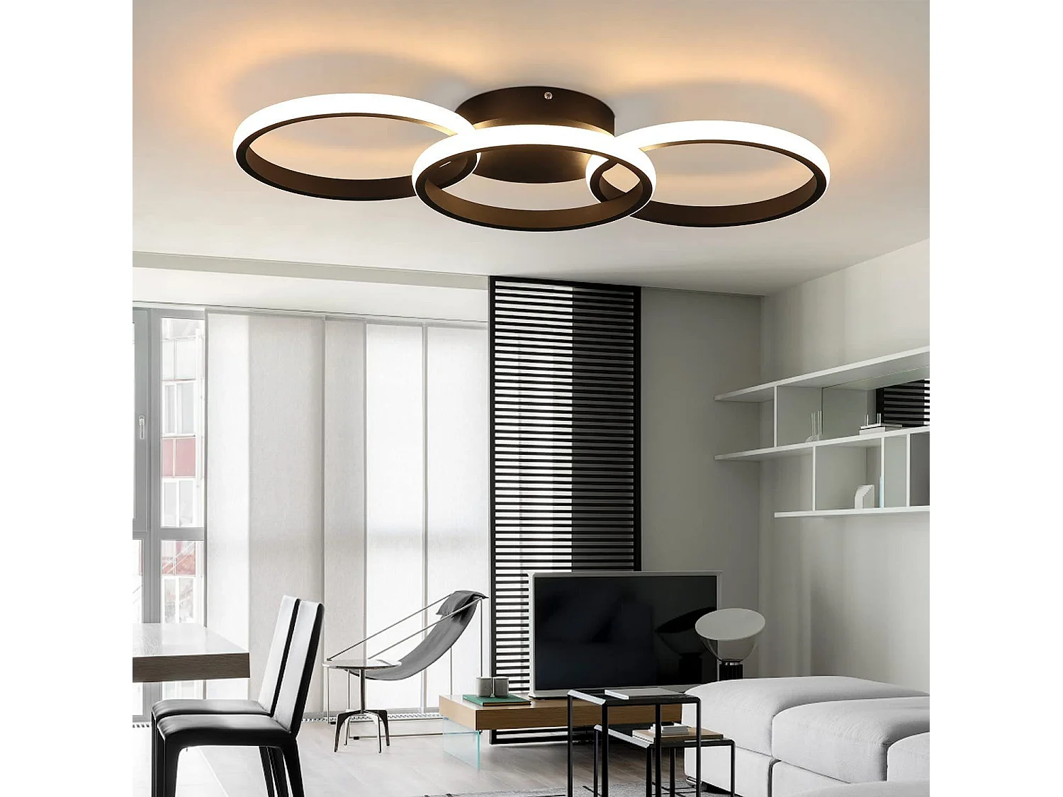 NETTLIFE Plafonnier LED Noir moderne Rond avec blanc chaud lampe de cuisine 36W pour salon, salle à manger, chambre, couloir