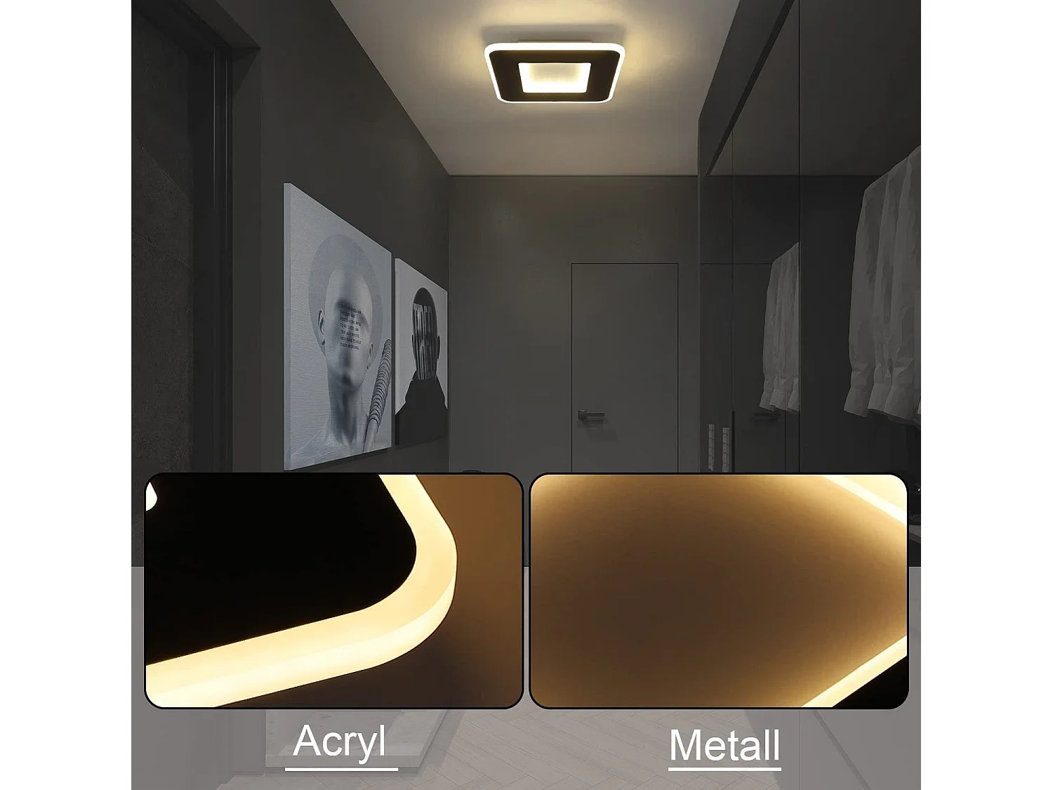 NETTLIFE Plafonnier LED 23W noir 24cm lampe de cuisine blanc chaud design moderne lampe de chambre carré couloir pour salon