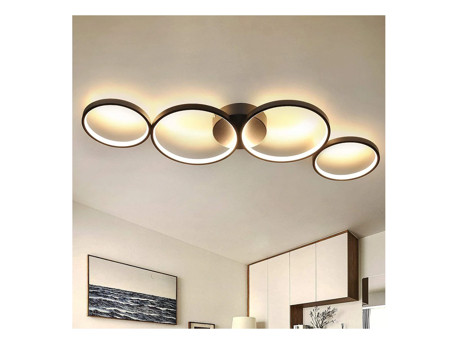 NETTLIFE Plafonnier LED 37W 3000k Blanc Chaud  Anneau Rond Moderne  Noir 89cm Lampe de Bureau Design pour Chambre Salon Couloir Bureau Cuisine