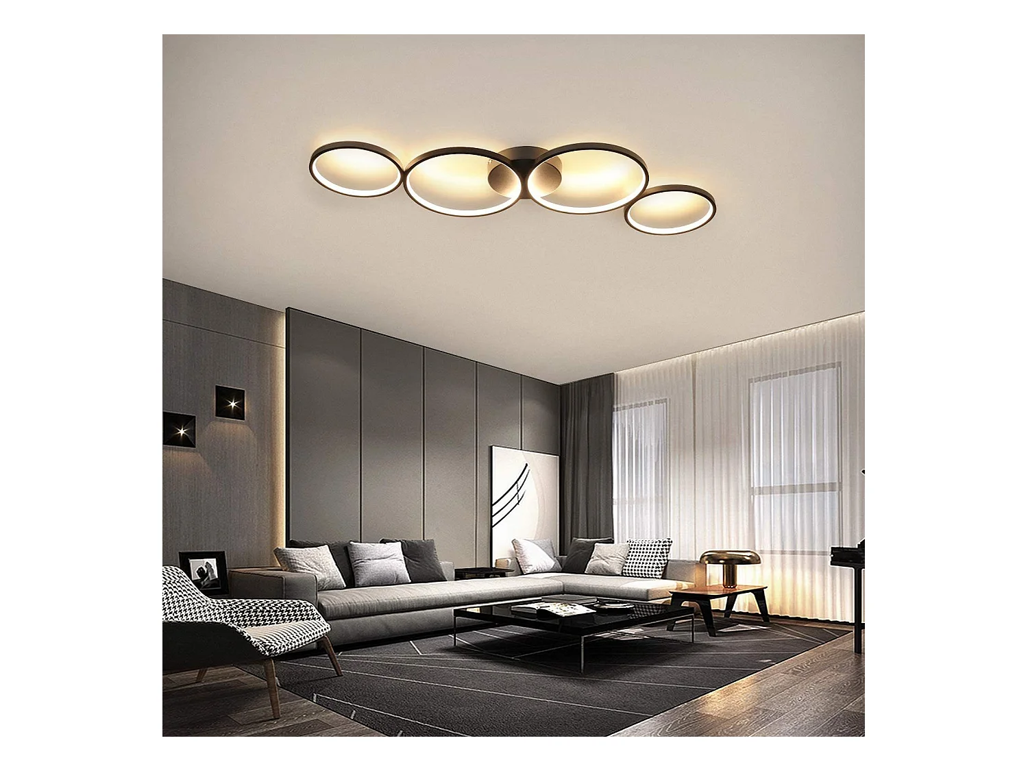 NETTLIFE Plafonnier LED 37W 3000k Blanc Chaud  Anneau Rond Moderne  Noir 89cm Lampe de Bureau Design pour Chambre Salon Couloir Bureau Cuisine