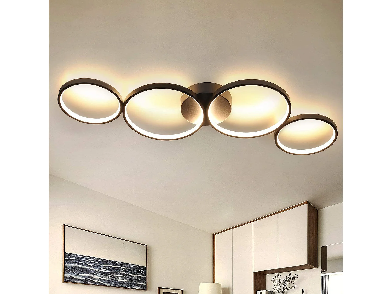 NETTLIFE Plafondlamp LED 88cm Zwart 3000K Warm wit Licht 37W Plafondverlichting modern Ring Design 4-Lichts voor Slaapkamer | Woonkamer | Kantoor | Keuken