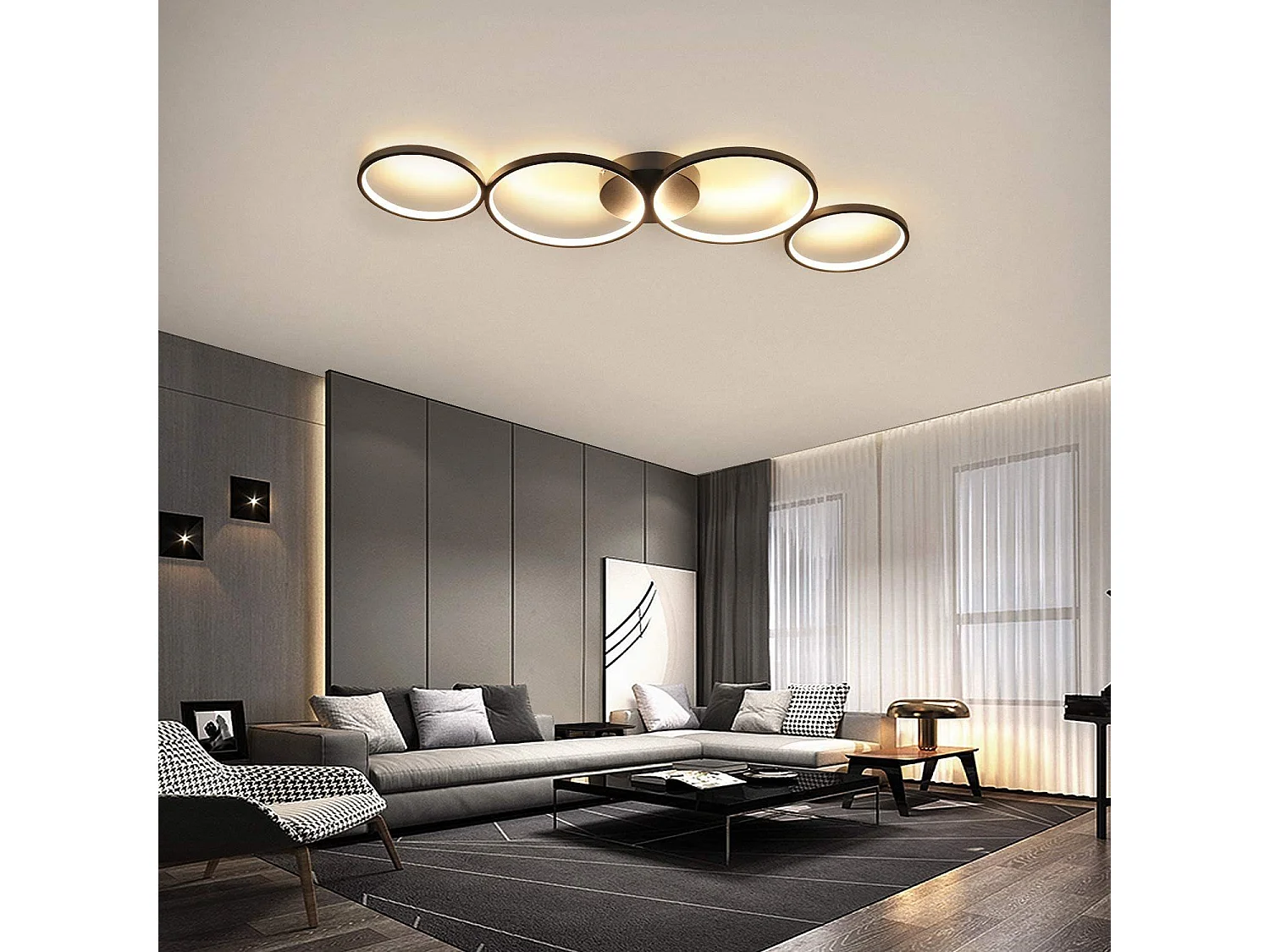 NETTLIFE Plafondlamp LED 88cm Zwart 3000K Warm wit Licht 37W Plafondverlichting modern Ring Design 4-Lichts voor Slaapkamer | Woonkamer | Kantoor | Keuken