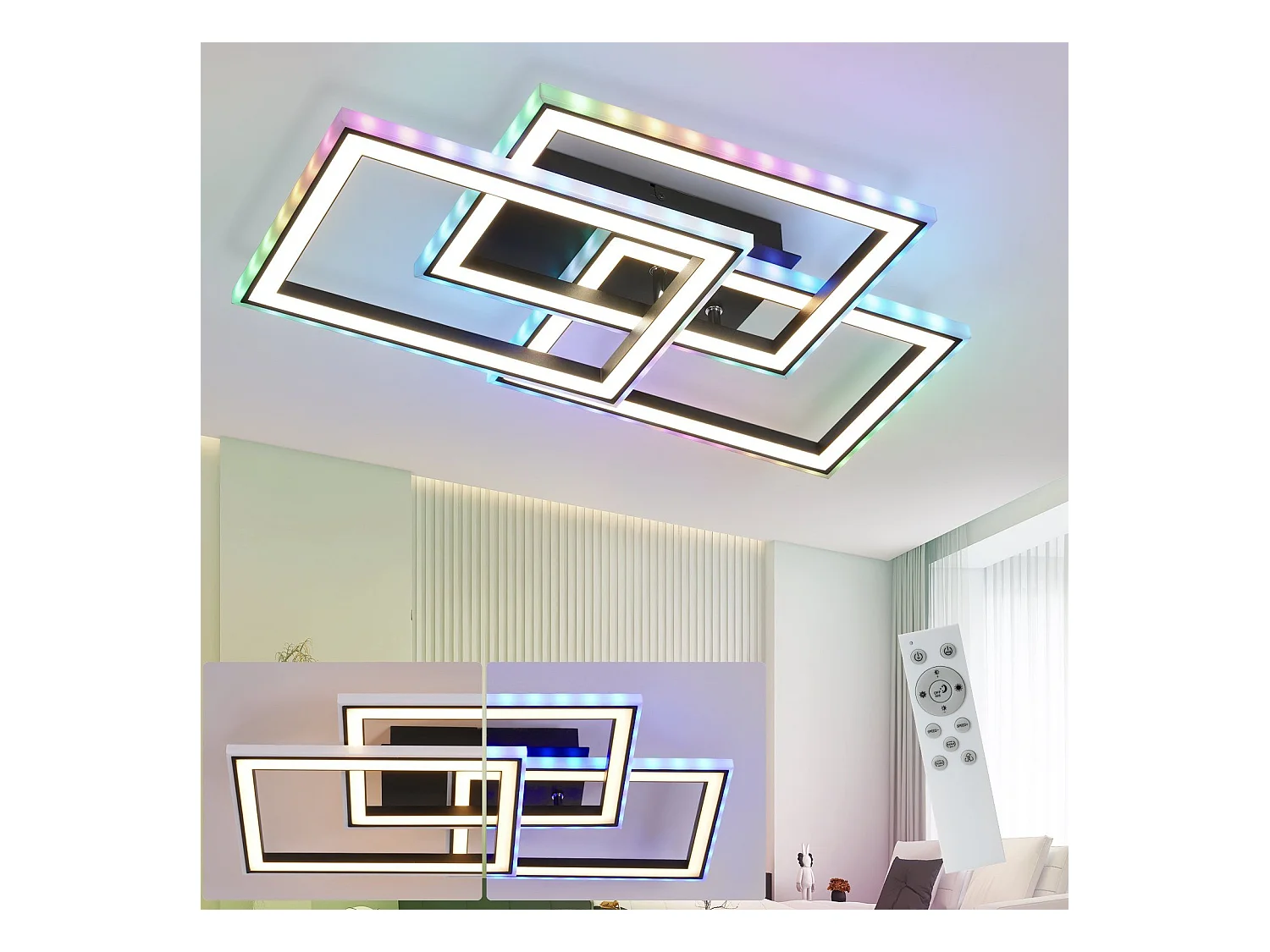 NETTLIFE Plafonnier LED Salon 45W Lampe de Salon Noir Moderne Dimmable avec Télécommande Changement de Couleur Géométrique pour Cuisine