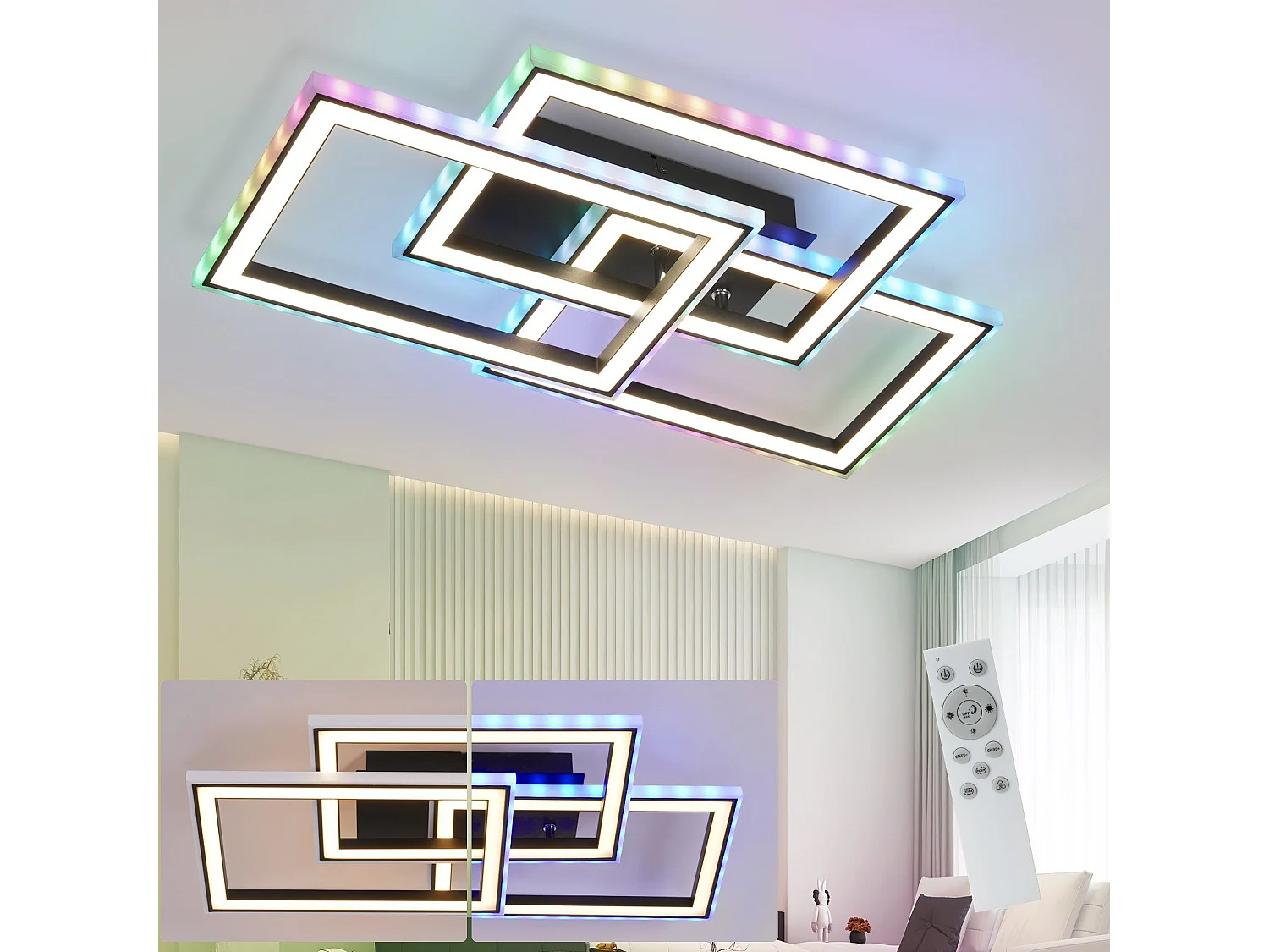 NETTLIFE lampa sufitowa LED do salonu 45W nowoczesna czarna lampa do salonu z możliwością ściemniania za pomocą pilota zmieniająca kolor geometryczna do kuchni
