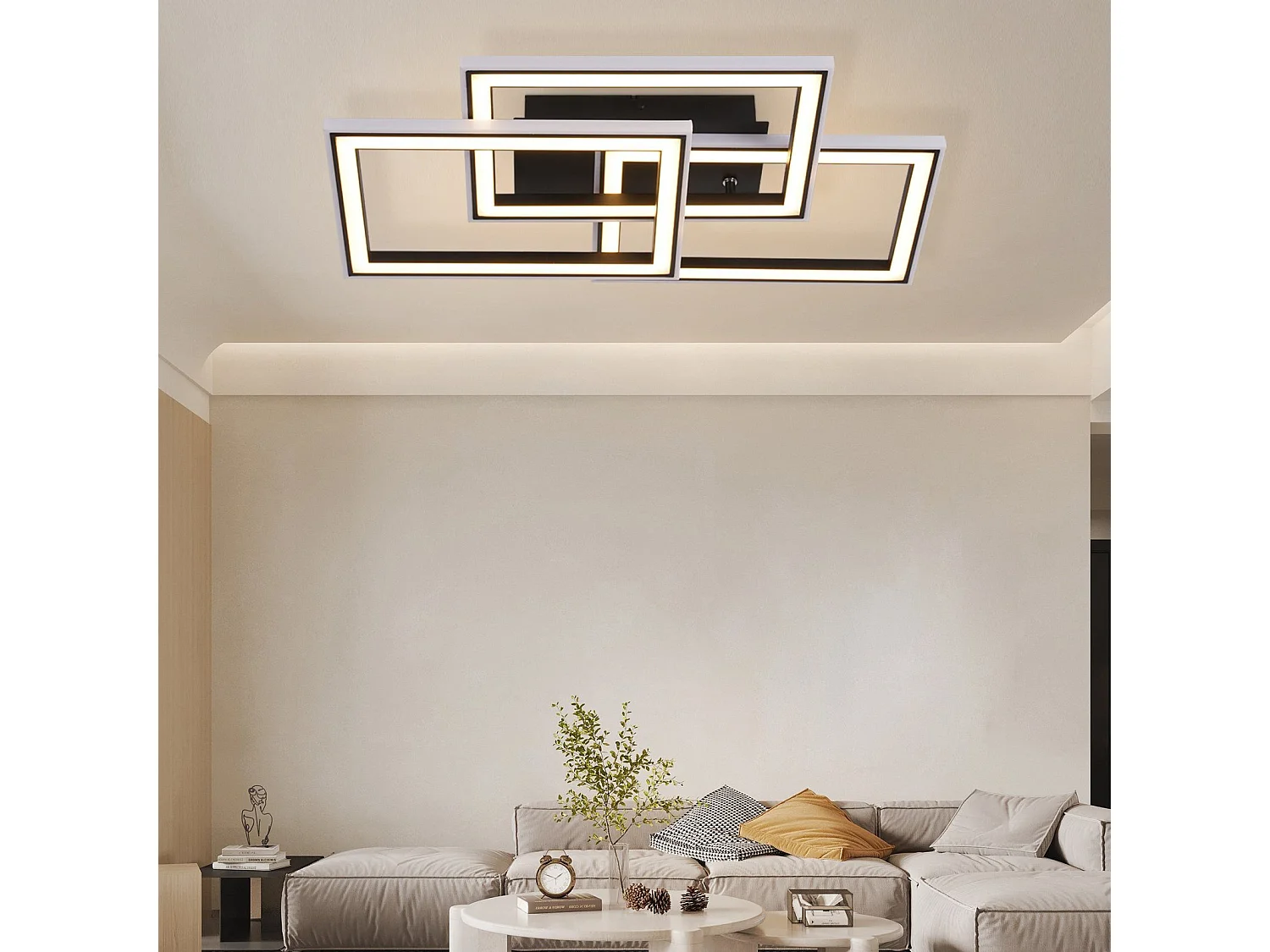 NETTLIFE Plafonnier LED Salon 45W Lampe de Salon Noir Moderne Dimmable avec Télécommande Changement de Couleur Géométrique pour Cuisine