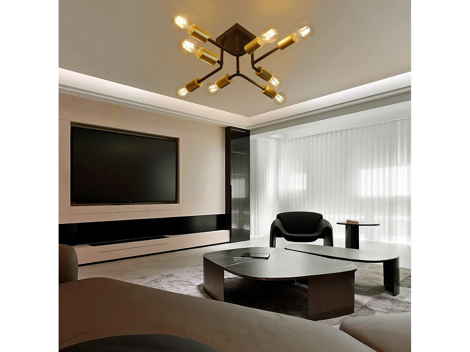 NETTLIFE plafonnier 48,5*48*16cm E27 métal vintage Lampe industrielle à 8 ampoules, noir et or, pour chambre à coucher, salon, cuisine, Max.25W