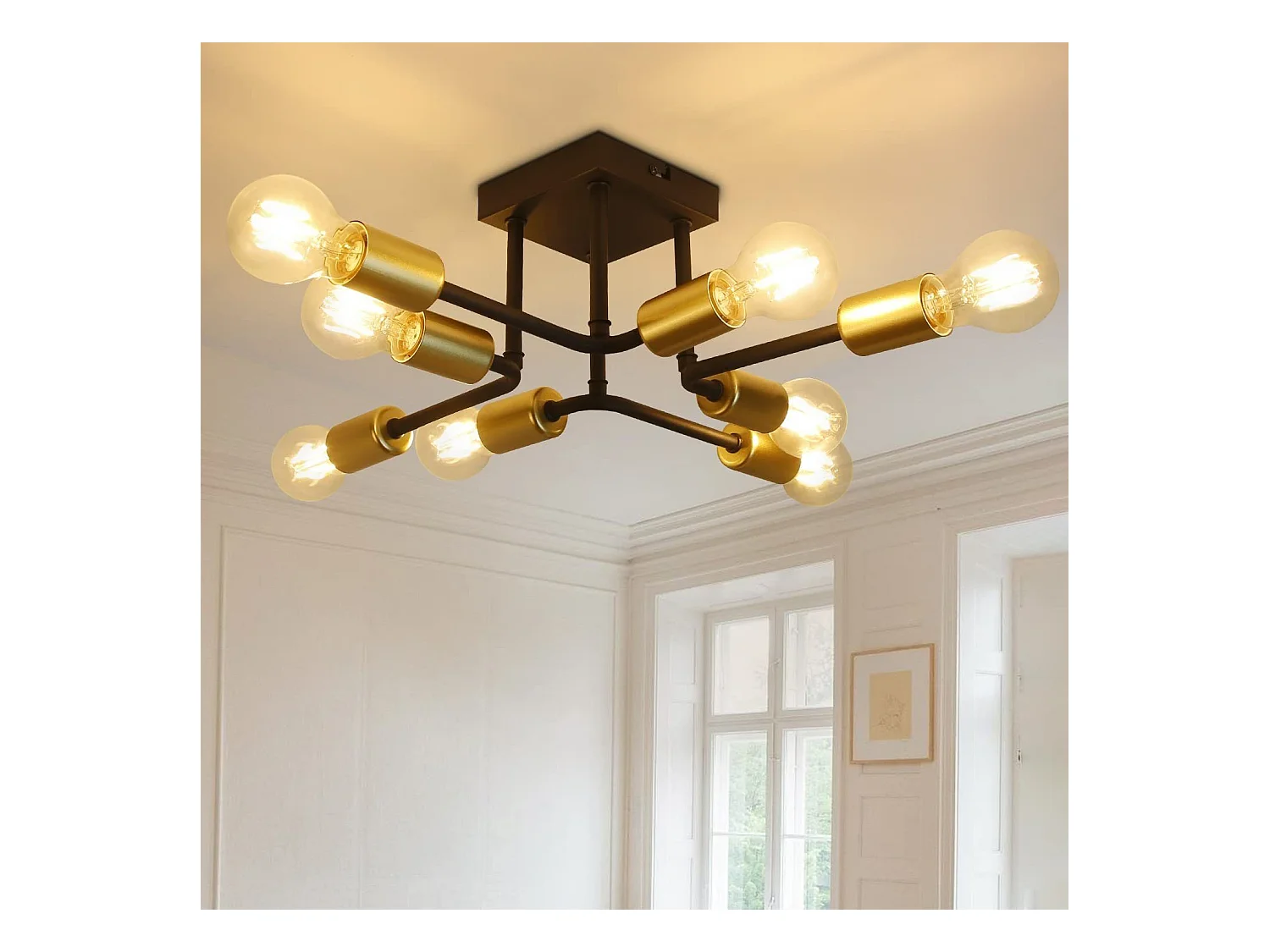 NETTLIFE plafonnier 48,5*48*16cm E27 métal vintage Lampe industrielle à 8 ampoules, noir et or, pour chambre à coucher, salon, cuisine, Max.25W