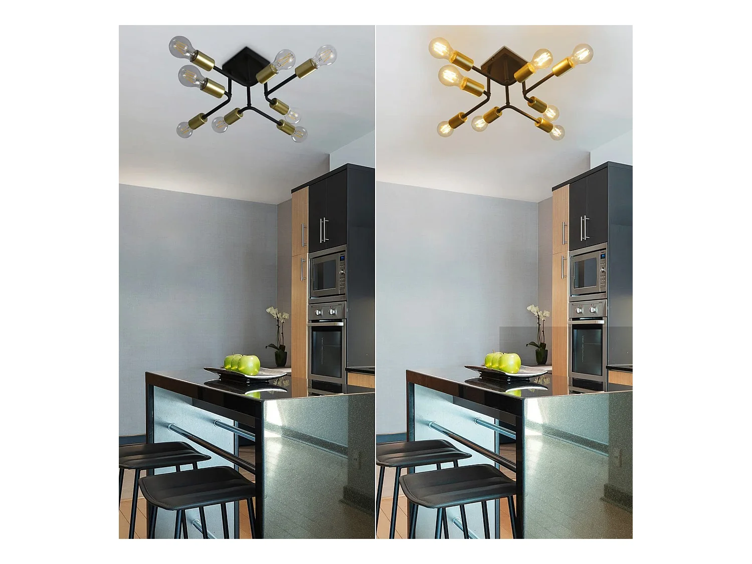 NETTLIFE plafonnier 48,5*48*16cm E27 métal vintage Lampe industrielle à 8 ampoules, noir et or, pour chambre à coucher, salon, cuisine, Max.25W