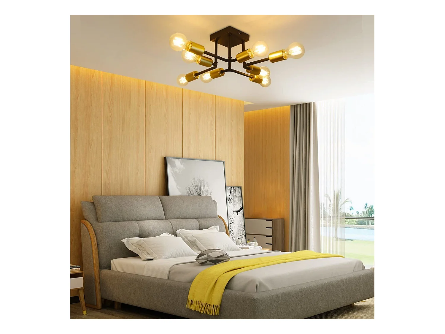 NETTLIFE plafonnier 48,5*48*16cm E27 métal vintage Lampe industrielle à 8 ampoules, noir et or, pour chambre à coucher, salon, cuisine, Max.25W