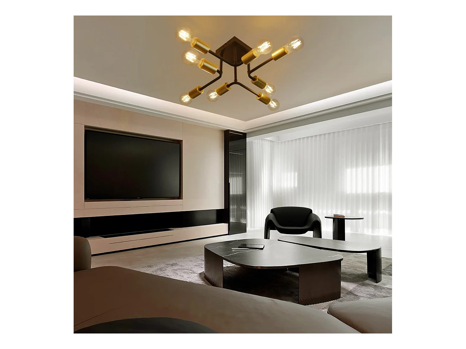 NETTLIFE plafonnier 48,5*48*16cm E27 métal vintage Lampe industrielle à 8 ampoules, noir et or, pour chambre à coucher, salon, cuisine, Max.25W