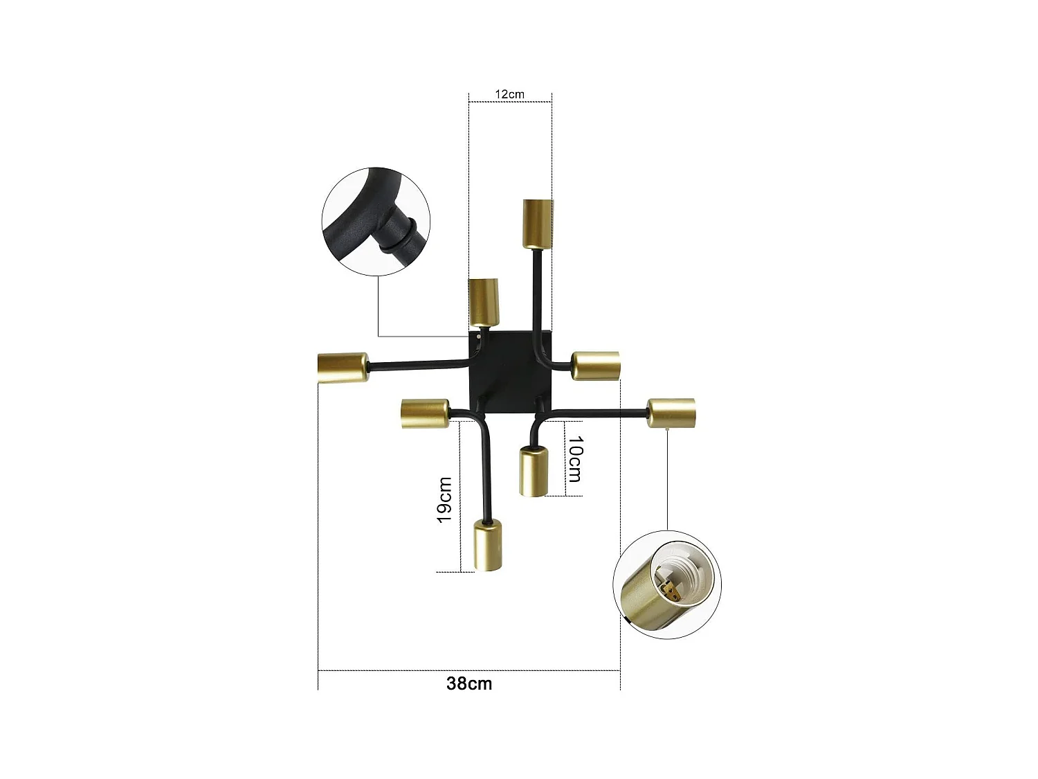 NETTLIFE plafonnier 48,5*48*16cm E27 métal vintage Lampe industrielle à 8 ampoules, noir et or, pour chambre à coucher, salon, cuisine, Max.25W