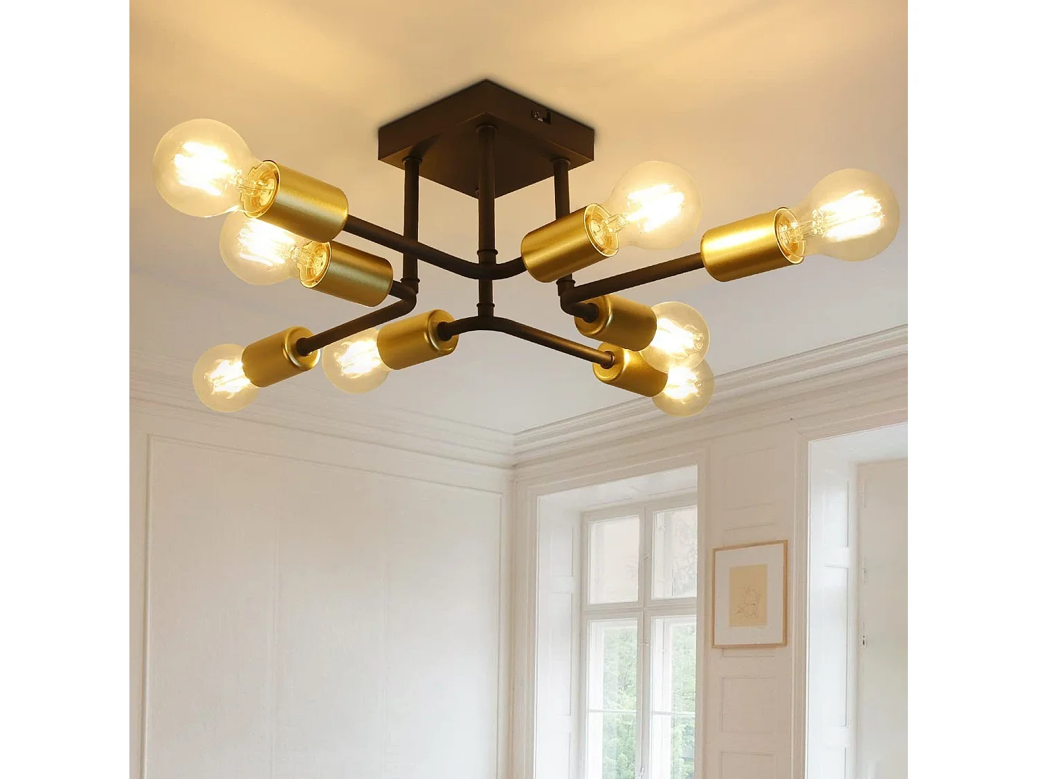NETTLIFE plafonnier 48,5*48*16cm E27 métal vintage Lampe industrielle à 8 ampoules, noir et or, pour chambre à coucher, salon, cuisine, Max.25W