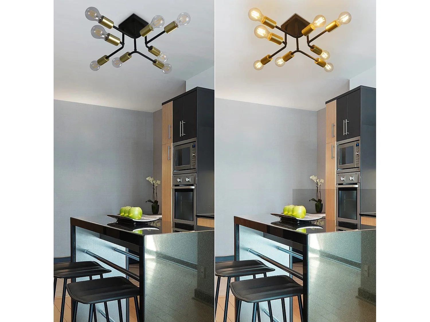 NETTLIFE plafonnier 48,5*48*16cm E27 métal vintage Lampe industrielle à 8 ampoules, noir et or, pour chambre à coucher, salon, cuisine, Max.25W