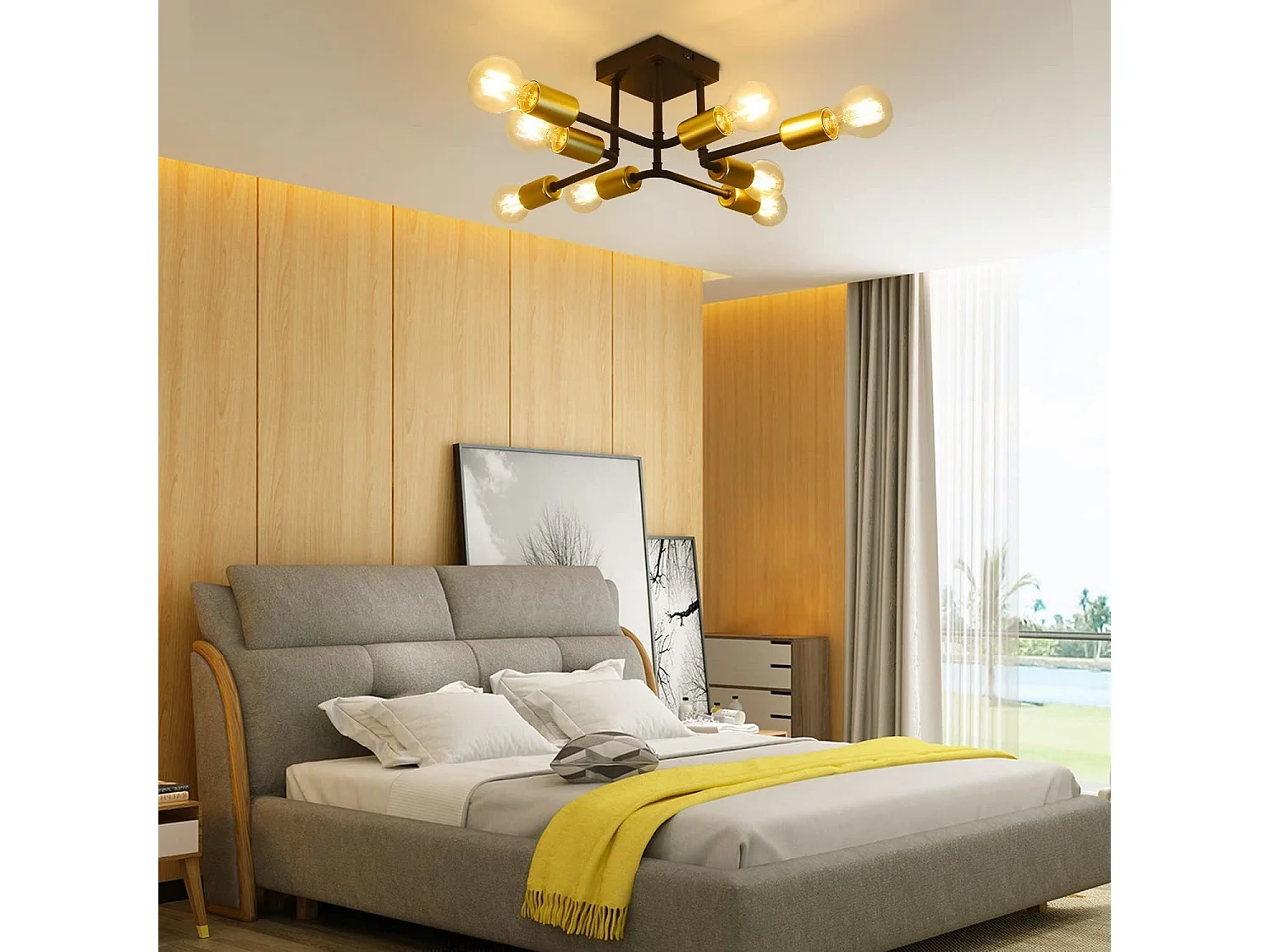 NETTLIFE plafonnier 48,5*48*16cm E27 métal vintage Lampe industrielle à 8 ampoules, noir et or, pour chambre à coucher, salon, cuisine, Max.25W