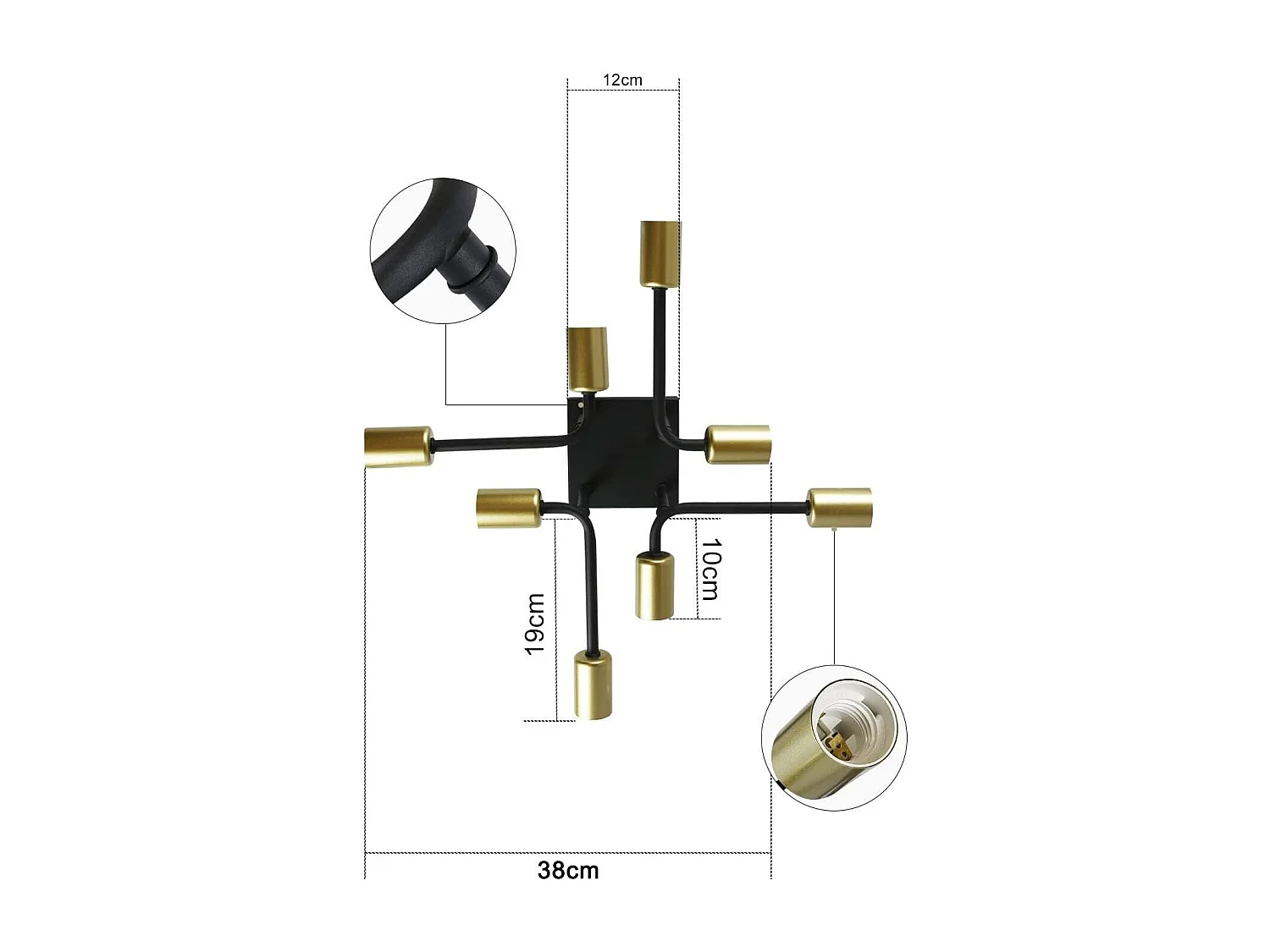 NETTLIFE plafonnier 48,5*48*16cm E27 métal vintage Lampe industrielle à 8 ampoules, noir et or, pour chambre à coucher, salon, cuisine, Max.25W