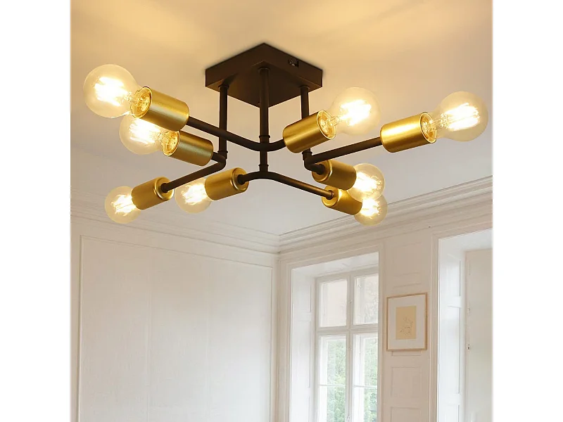 NETTLIFE plafonnier 48,5*48*16cm E27 métal vintage Lampe industrielle à 8 ampoules, noir et or, pour chambre à coucher, salon, cuisine, Max.25W