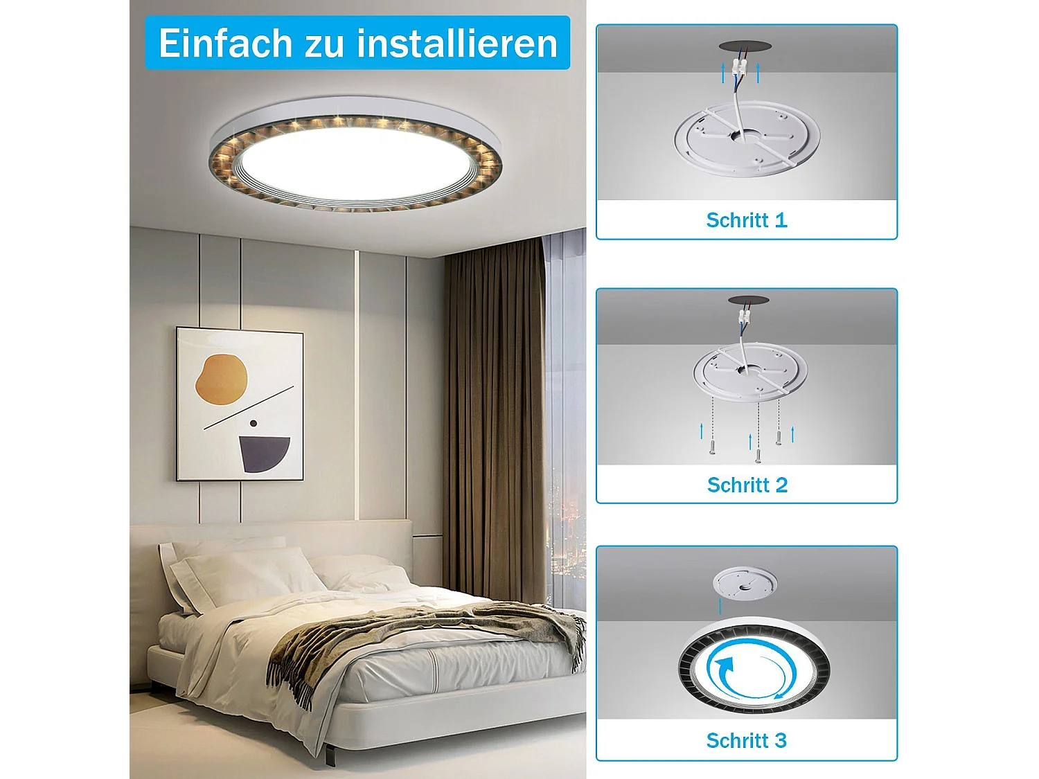 NETTLIFE Lámpara de Techo LED Negra 3000K/6500K Redonda 24W Moderna IP44 Impermeable para Baño Dormitorio Salón Cocina Balcón