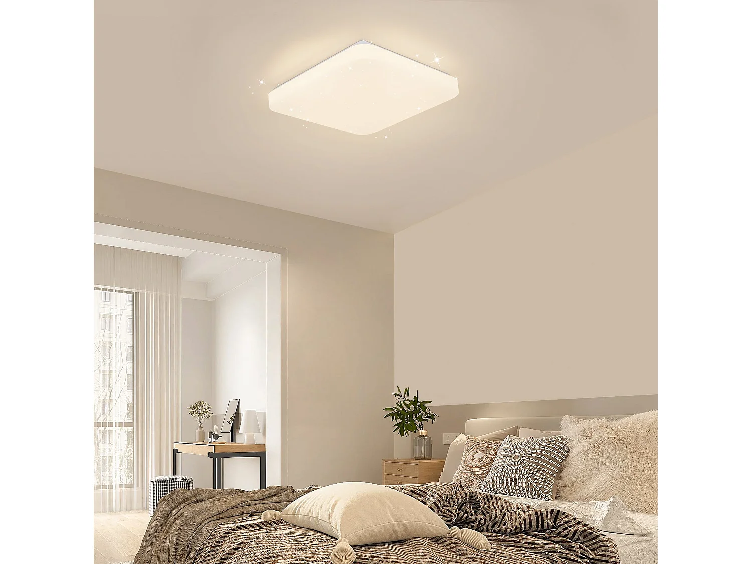 NETTLIFE Plafondlamp LED - 28cm - vierkant - Dimbaar - Moderne Keukenverlichting - met Sterrenhemelontwerp - Wit - voor Slaapkamer | Studeerkamer | Hotel - 37W