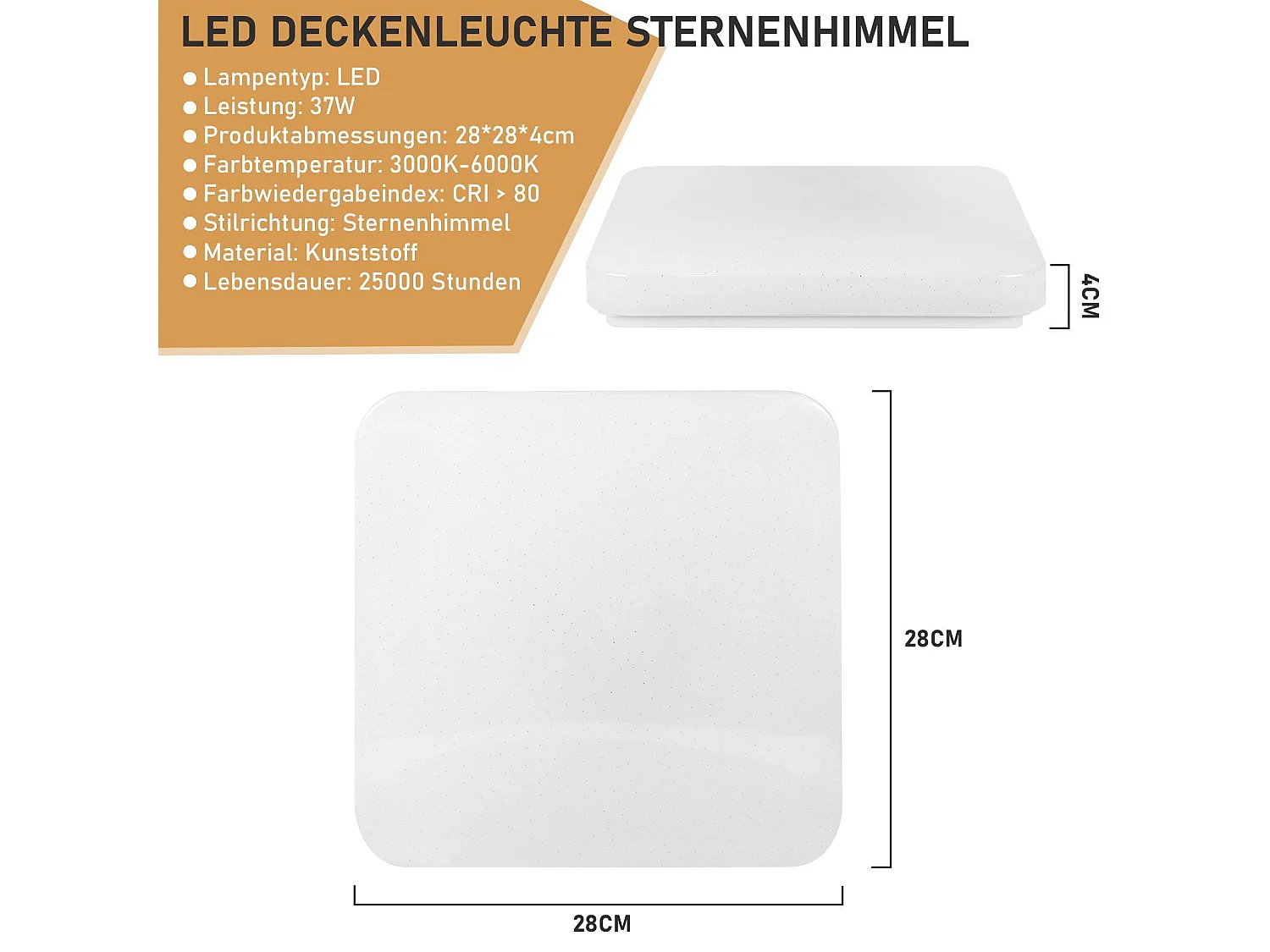 NETTLIFE Plafonnier LED Lampe de Chambre Ciel Étoilé avec Télécommande 37 W Lampe de Chambre d'Enfant Lampe Carrée 28 cm pour Salon Cuisine Couloir