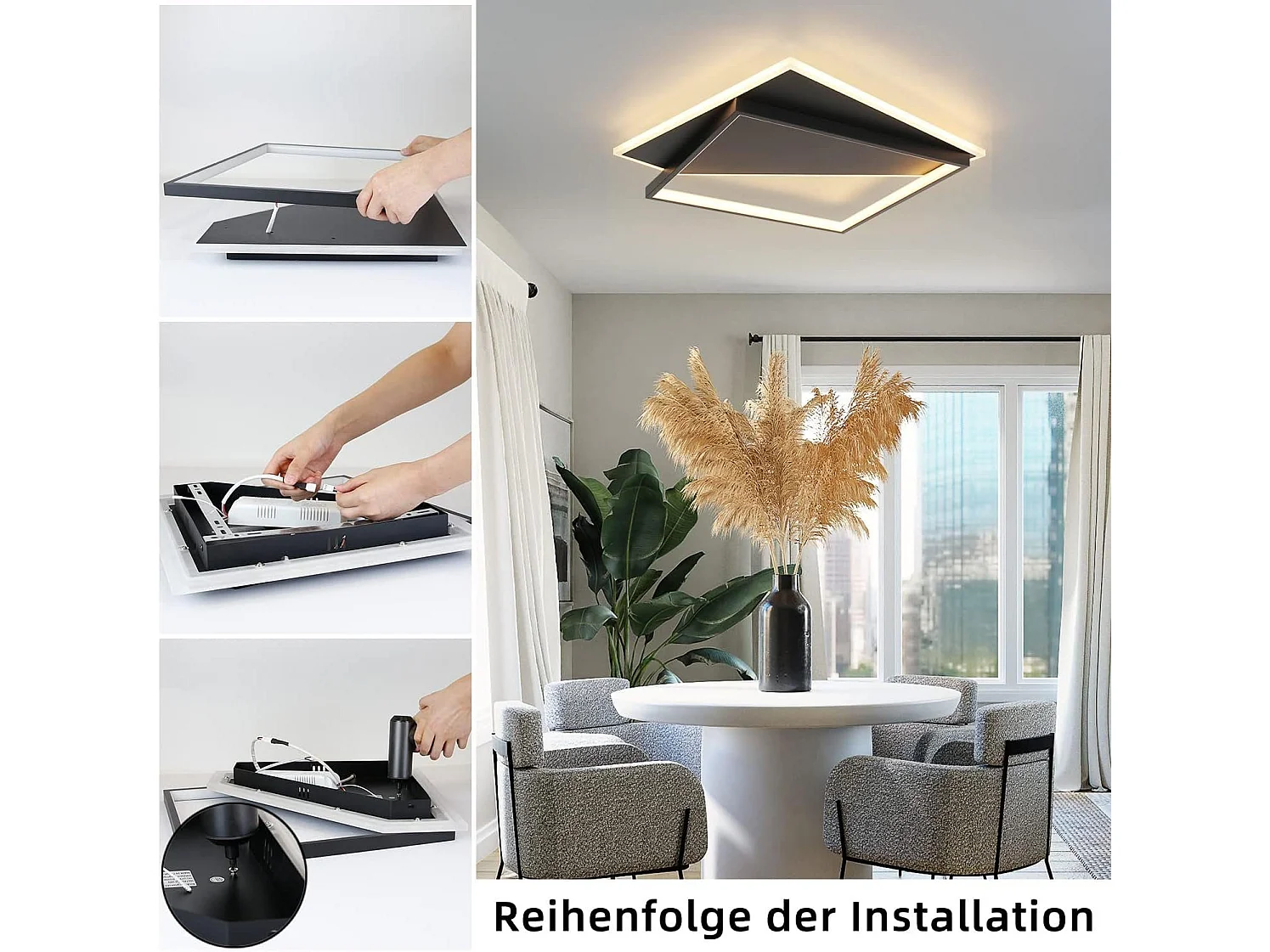 NETTLIFE LED Plafondlamp - zwart - moderne - 53W slaapkamer lamp - dimbaar met afstandsbediening - vierkant woonkamer 40cm - voor keuken | hal