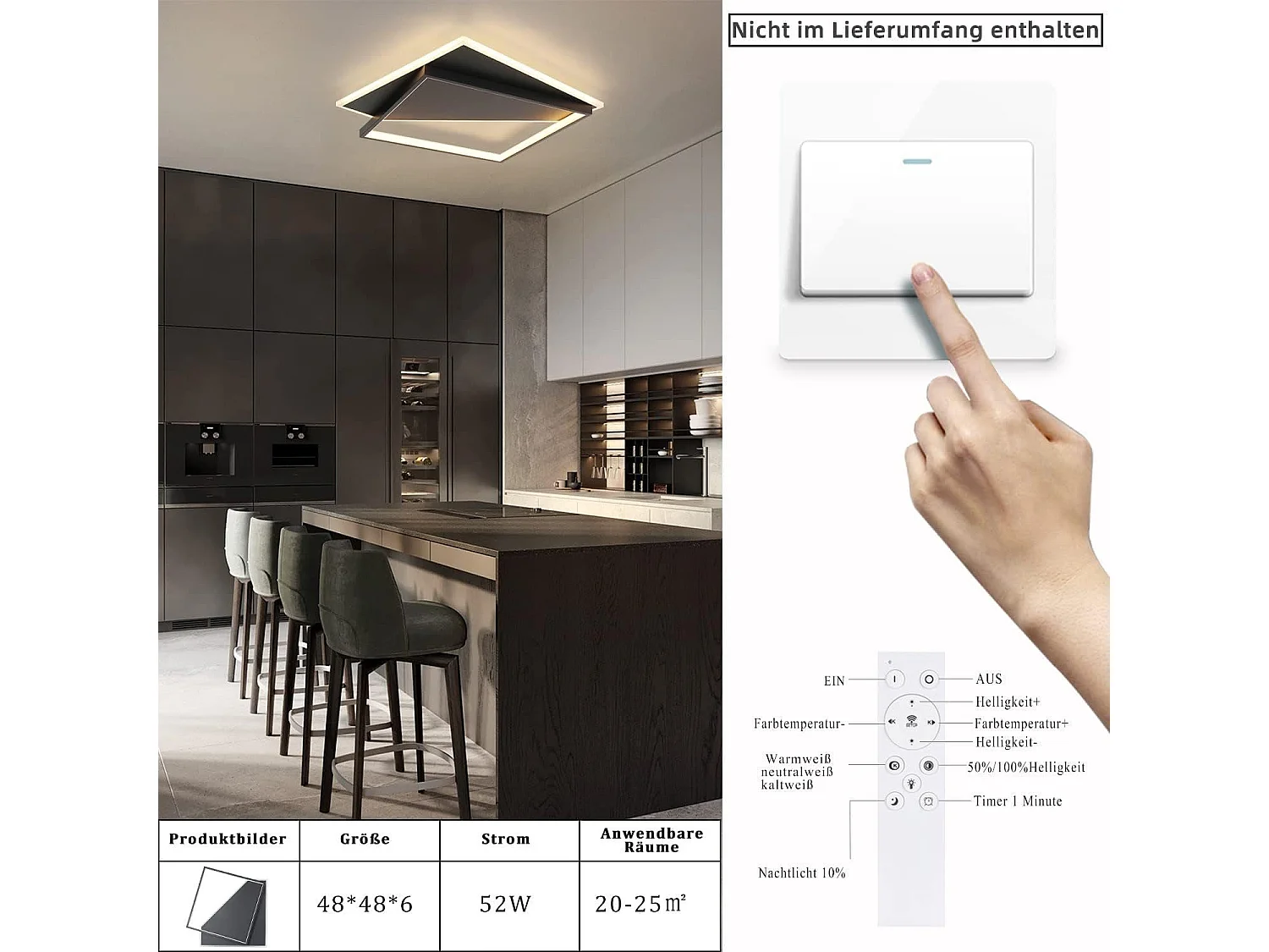 NETTLIFE Plafonnier LED Design Moderne 53W Noir Dimmable avec Télécommande Salon pour Chambre Cuisine Couloir Bureau