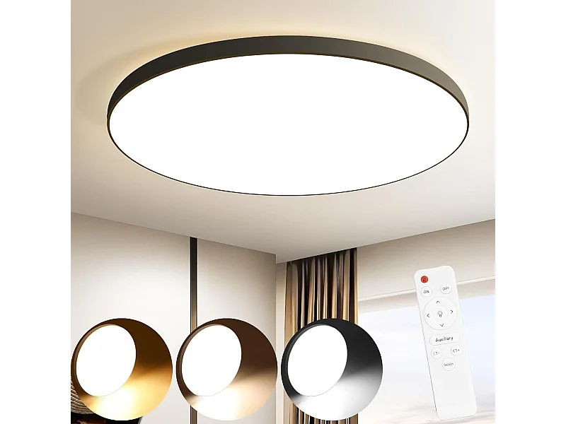 NETTLIFE Lámpara de Techo LED Plana Lámpara de Dormitorio Regulable Lámpara de Negra 30W IP44 Lámpara de sótano 28cm Lámpara de baño Control Remoto