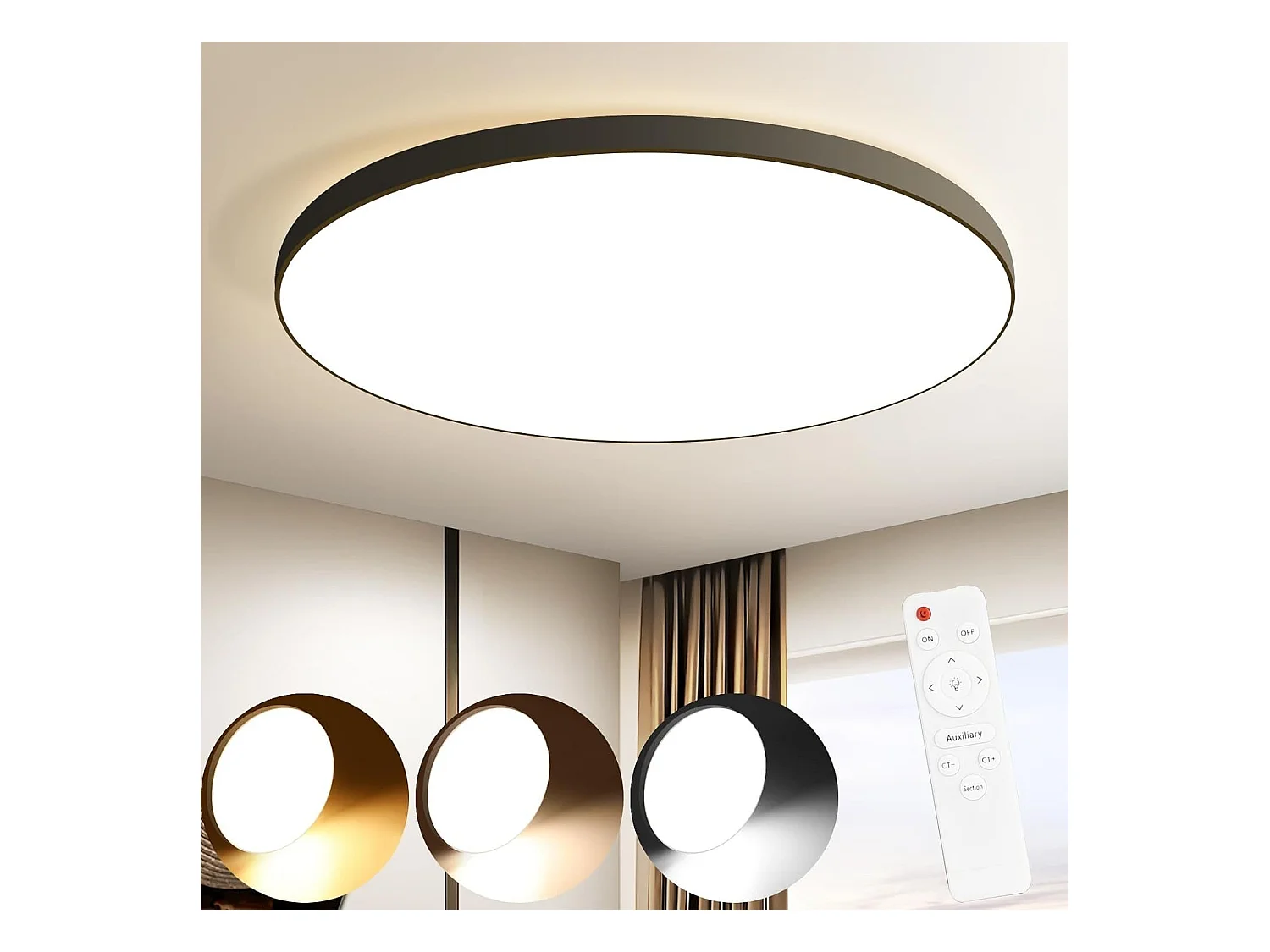 NETTLIFE Plafonnier LED Plat Chambre Lampe Dimmable Noir Lampe de Cuisine 30 W IP44 Lampe de Cave 28 cm Lampe de Salle de Bain Télécommande Salon