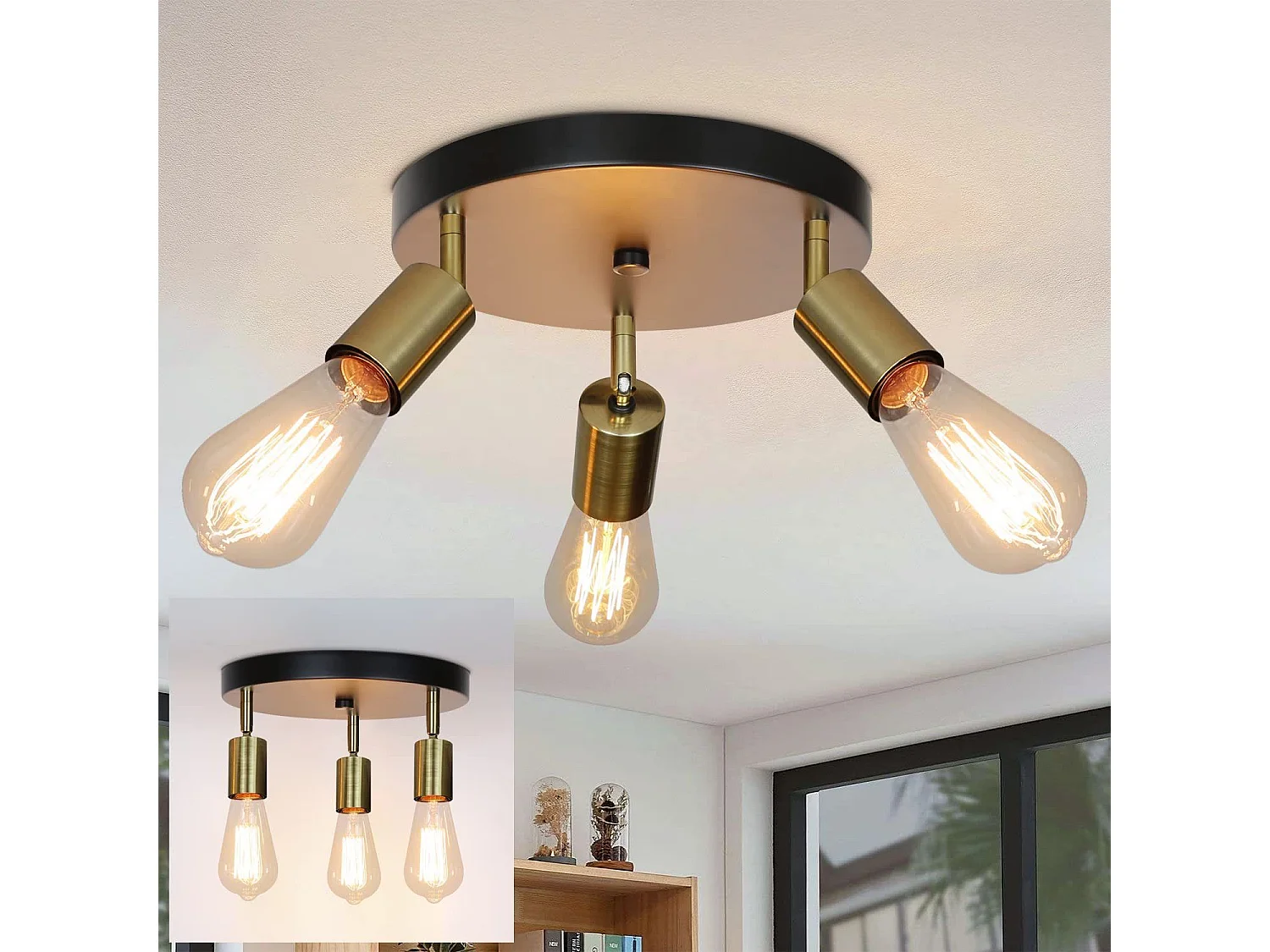 NETTLIFE Plafondlamp E27 – goud – rond 3-Lichts Metaal Vintage Plafondverlichting – Metaal Hallamp draaibare Kroonluchter voor Slaapkamer | Woonkamer – Max. 25 W