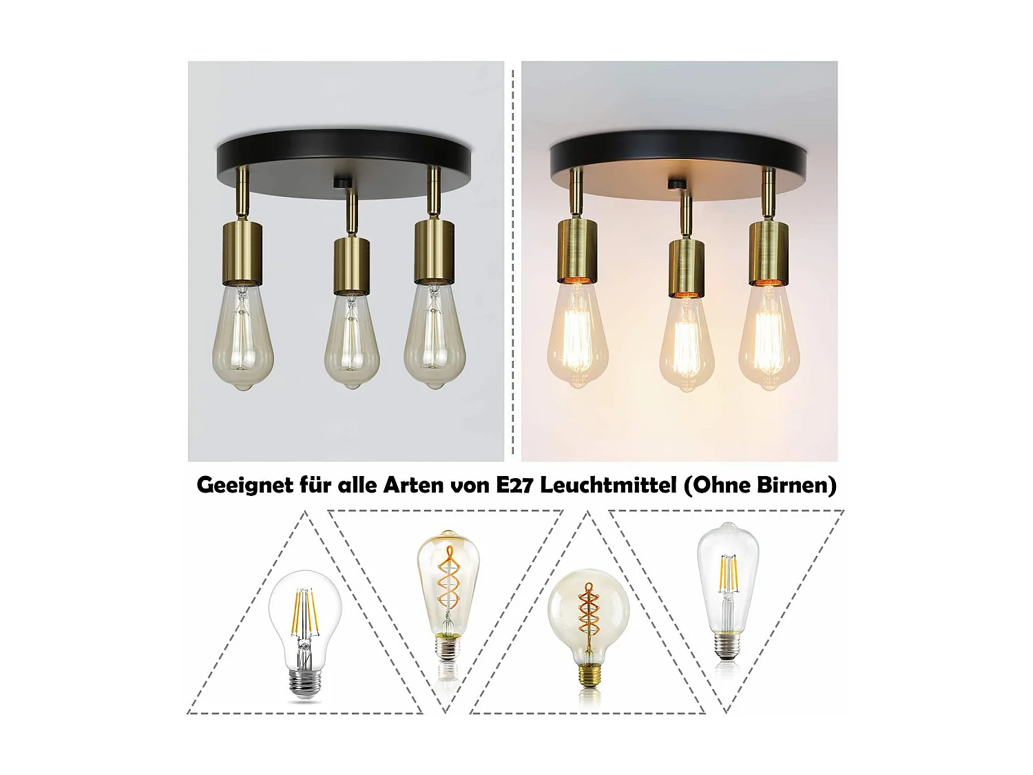 NETTLIFE Plafondlamp E27 – goud – rond 3-Lichts Metaal Vintage Plafondverlichting – Metaal Hallamp draaibare Kroonluchter voor Slaapkamer | Woonkamer – Max. 25 W