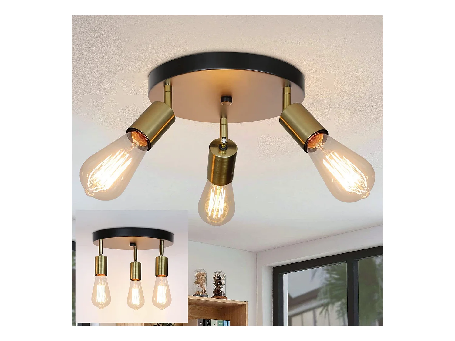 NETTLIFE Plafonnier 3 Spots de Plafond Max. 25W E27 Vintage Flamme Rond Moderne Lustre Pivotant pour Chambre Salle à Manger Cuisine Couloir Salon