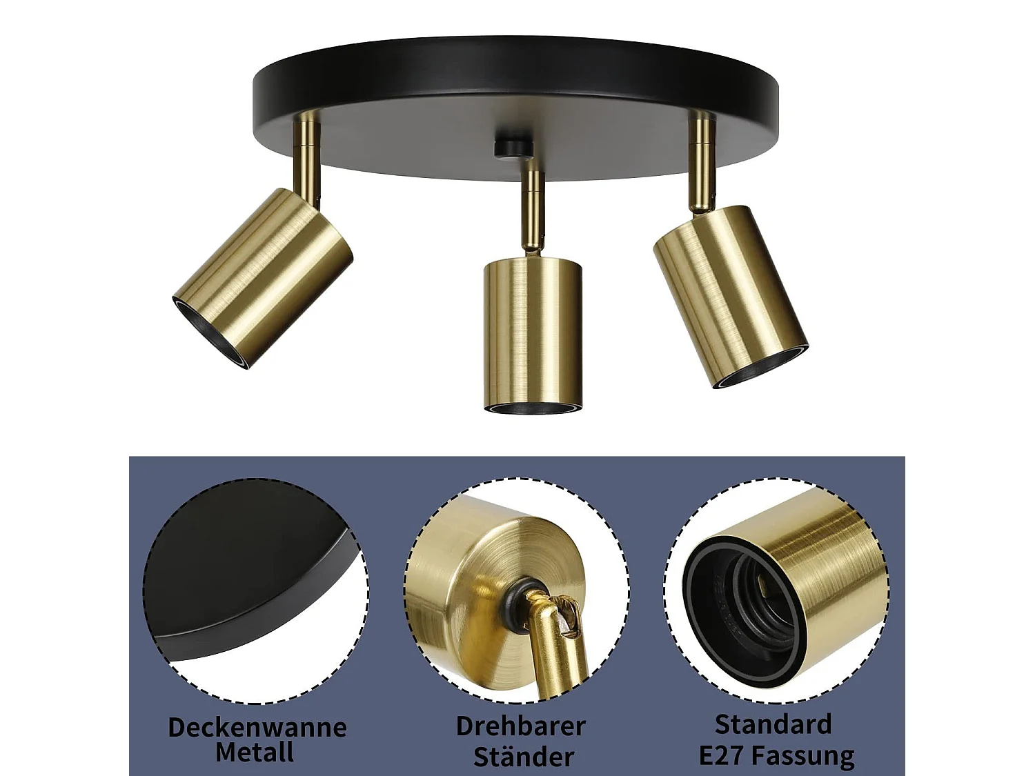 NETTLIFE Plafonnier 3 Spots de Plafond Max. 25W E27 Vintage Flamme Rond Moderne Lustre Pivotant pour Chambre Salle à Manger Cuisine Couloir Salon