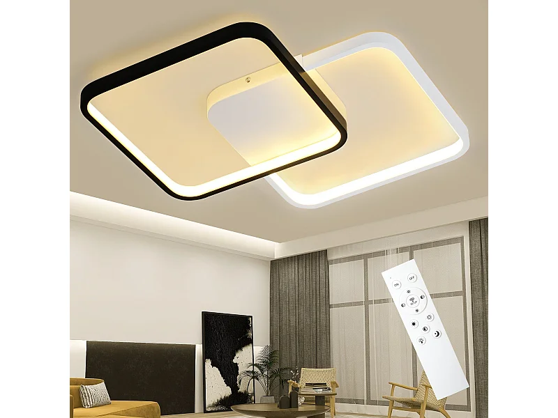NETTLIFE Plafondlamp LED Zwart en Wit vierkant 2Lichts Moderne Plafondverlichting  3000-6000K Dimbaar 55W Woonkamerlamp voor Slaapkamer Keuken Kinderkamer 58cm