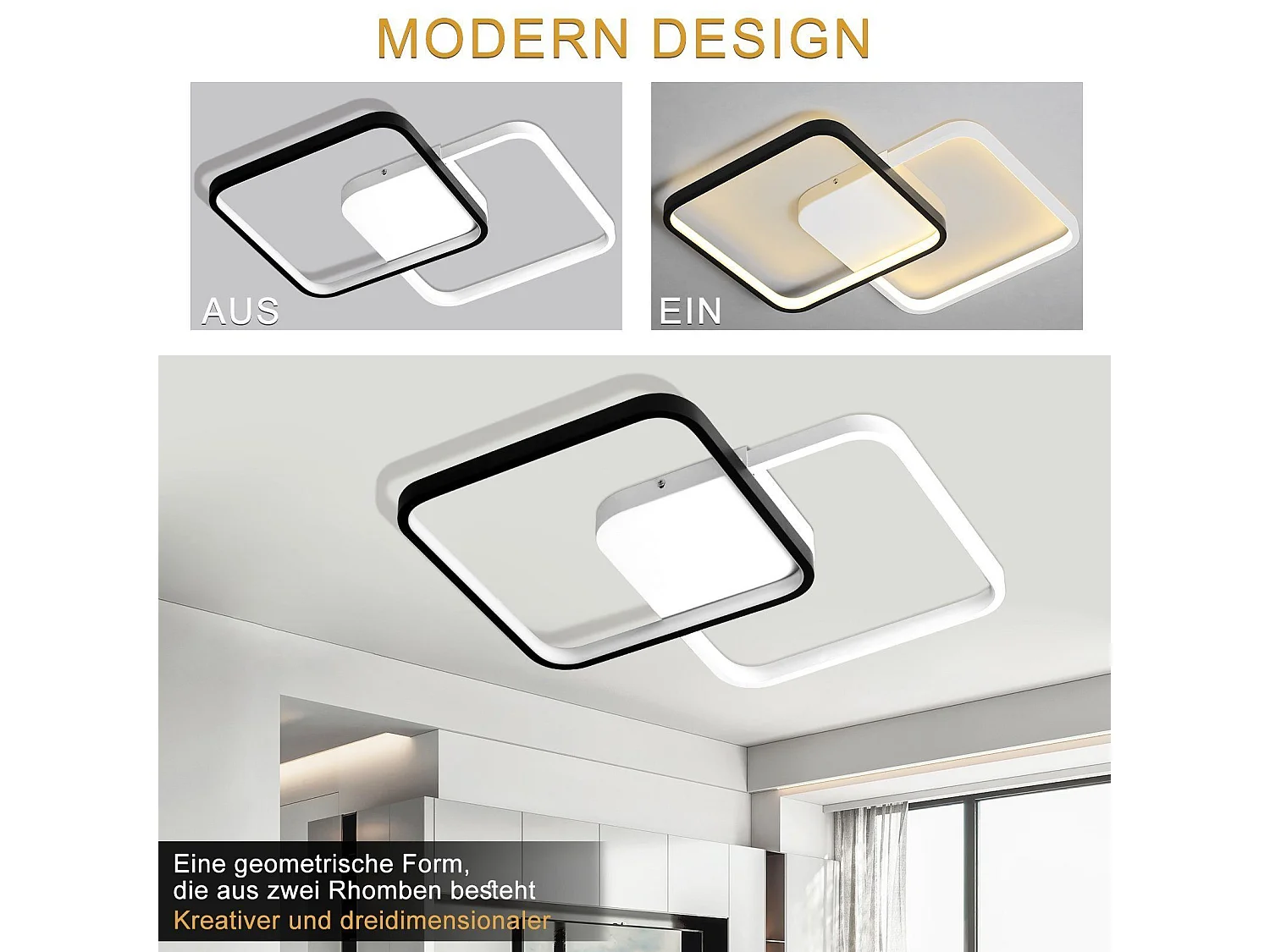 NETTLIFE Plafonnier LED Métal Noir 55W Moderne Dimmable avec Télécommande 43CM Lampe de Cuisine Design pour Salon Chambre Chambre d'Enfant