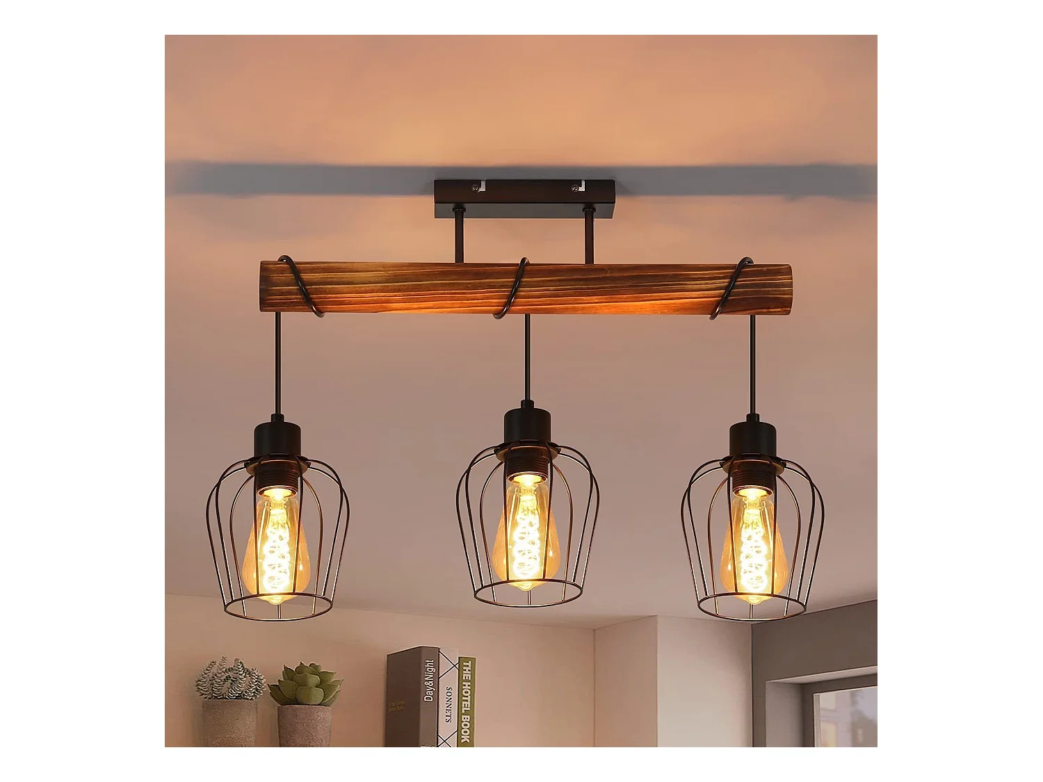 NETTLIFE Plafonnier 3 spots métal et bois noir E27 lampe de salon vintage en bois flammé au design industriel avec hauteur réglable sans ampoule