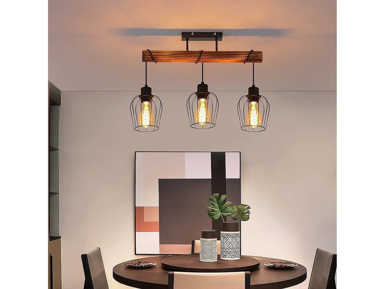 NETTLIFE Plafondlamp 3 vlammen E27 - zwart - retro - hout en Metaal - hoogte verstelbare voor Woonkamer Keuken Slaapkamer - zonder gloeilamp