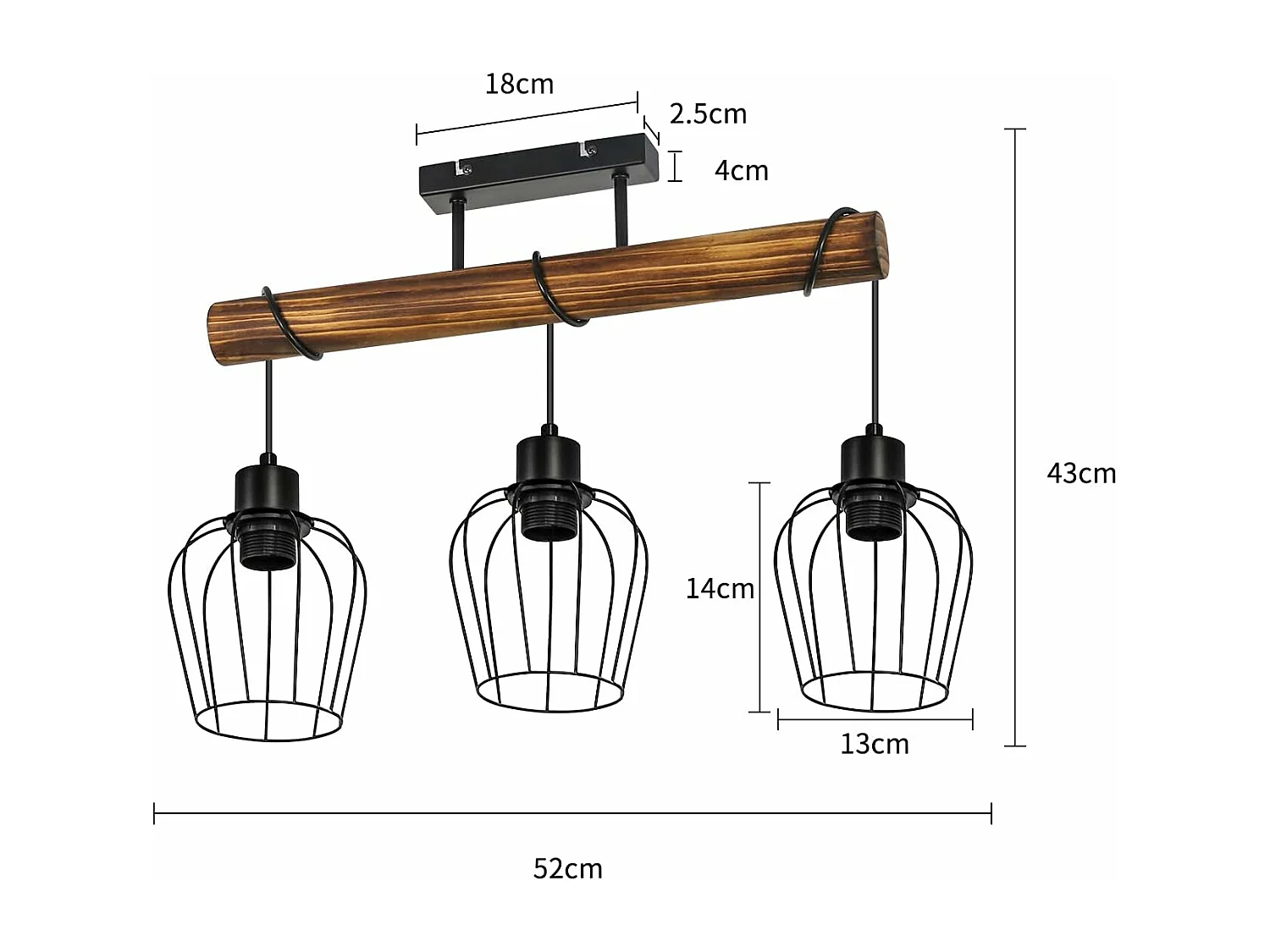 NETTLIFE Plafondlamp 3 vlammen E27 - zwart - retro - hout en Metaal - hoogte verstelbare voor Woonkamer Keuken Slaapkamer - zonder gloeilamp