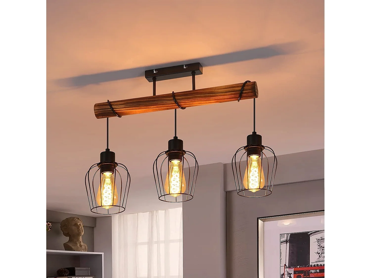 NETTLIFE Plafondlamp 3 vlammen E27 - zwart - retro - hout en Metaal - hoogte verstelbare voor Woonkamer Keuken Slaapkamer - zonder gloeilamp