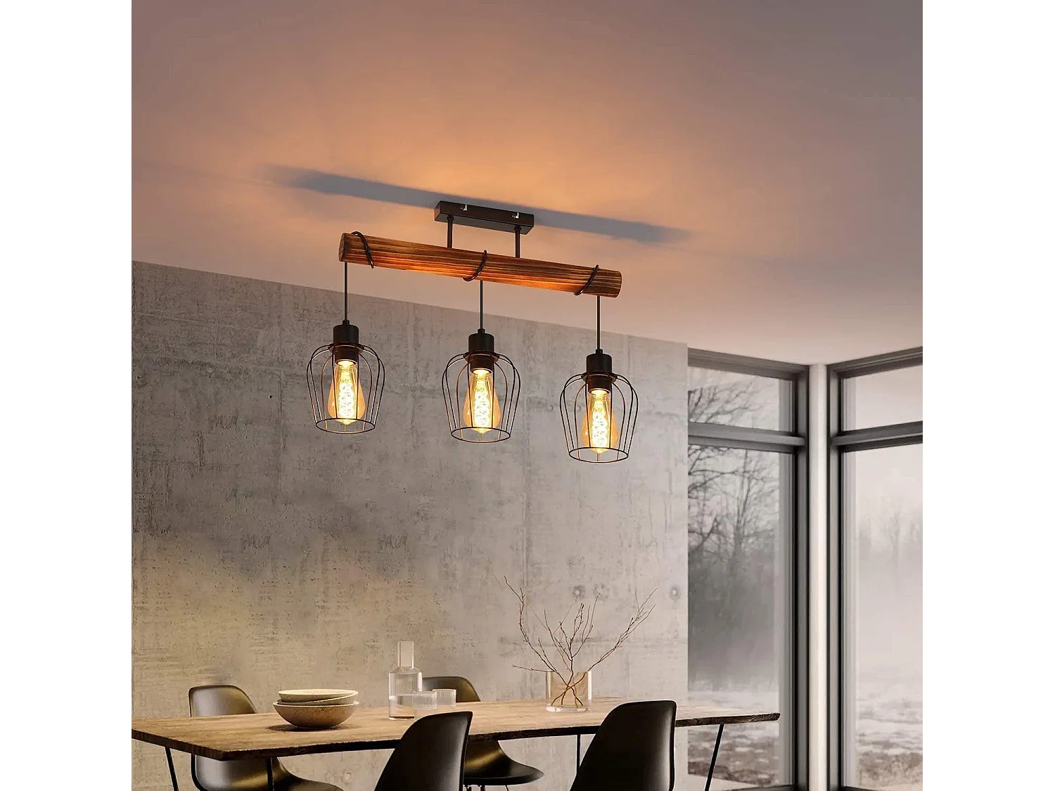 NETTLIFE Plafondlamp 3 vlammen E27 - zwart - retro - hout en Metaal - hoogte verstelbare voor Woonkamer Keuken Slaapkamer - zonder gloeilamp