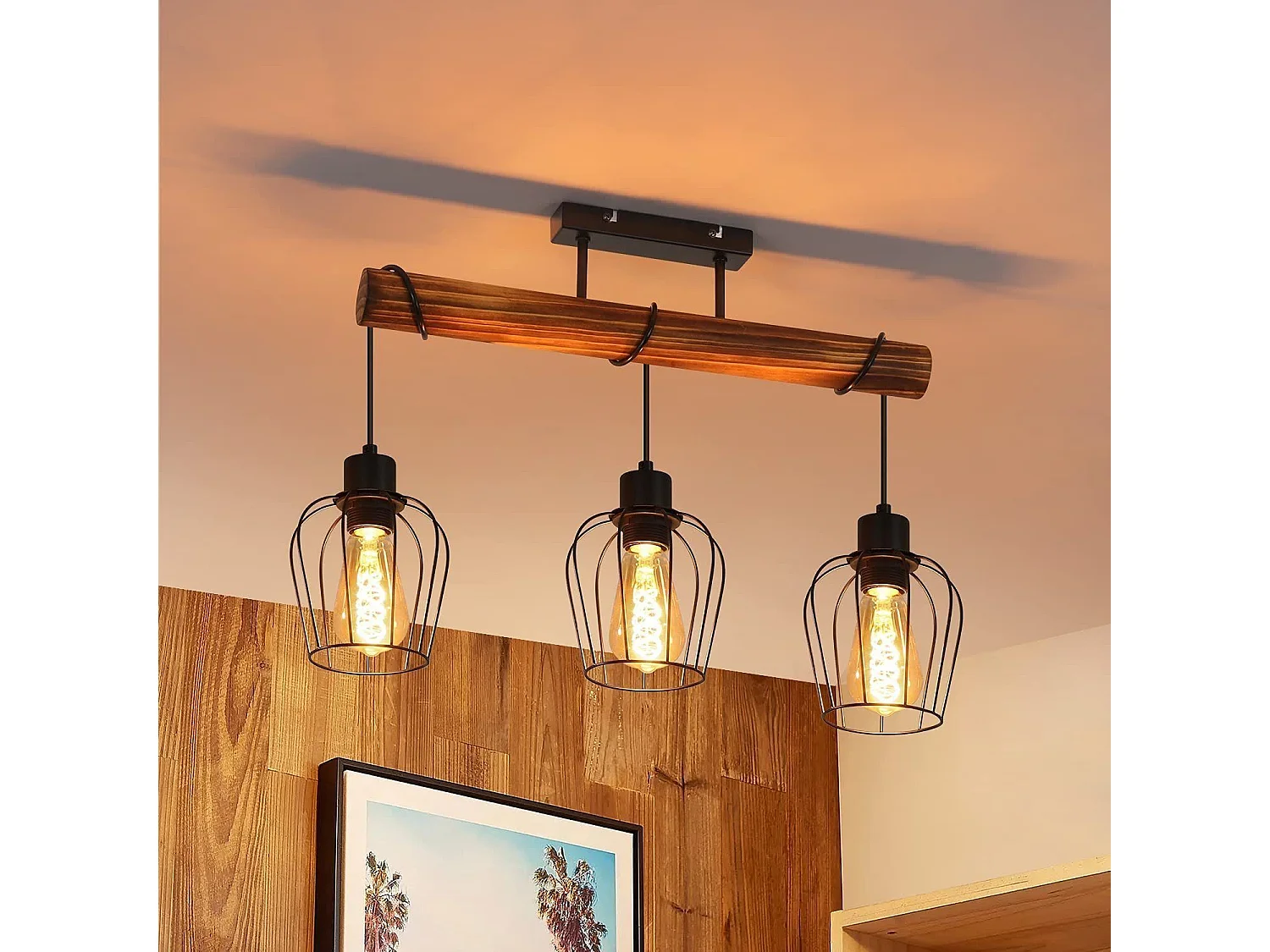 NETTLIFE Plafonnier 3 spots métal et bois noir E27 lampe de salon vintage en bois flammé au design industriel avec hauteur réglable sans ampoule